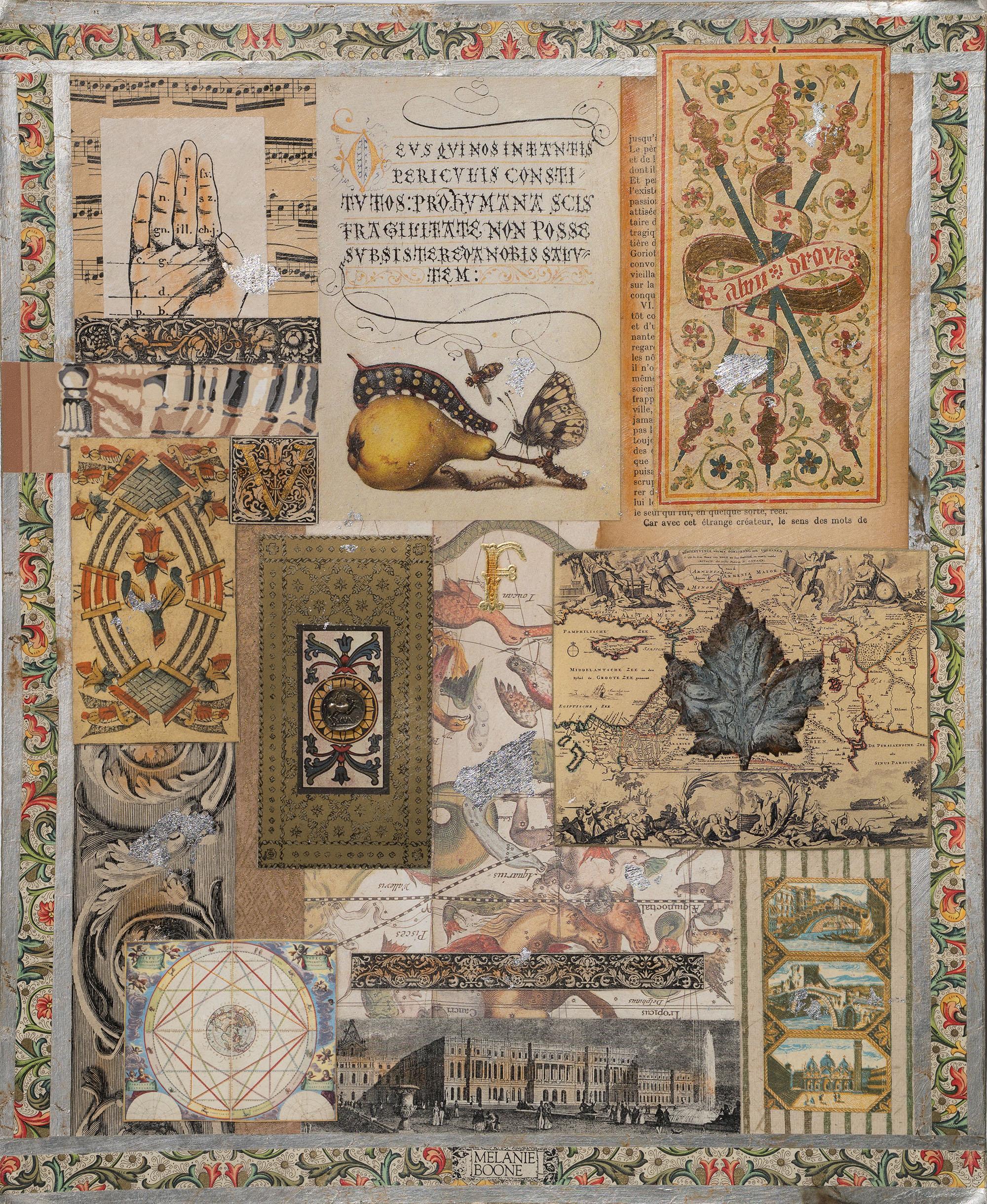 "Searching" unframed collage on fine art paper by artist Melanie Boone. Melanie Boone collaged center recto. Signed Melanie Boone ©, dated 1996 and titled "Searching" verso. Collage imagery features sheet music, maps and leaf.