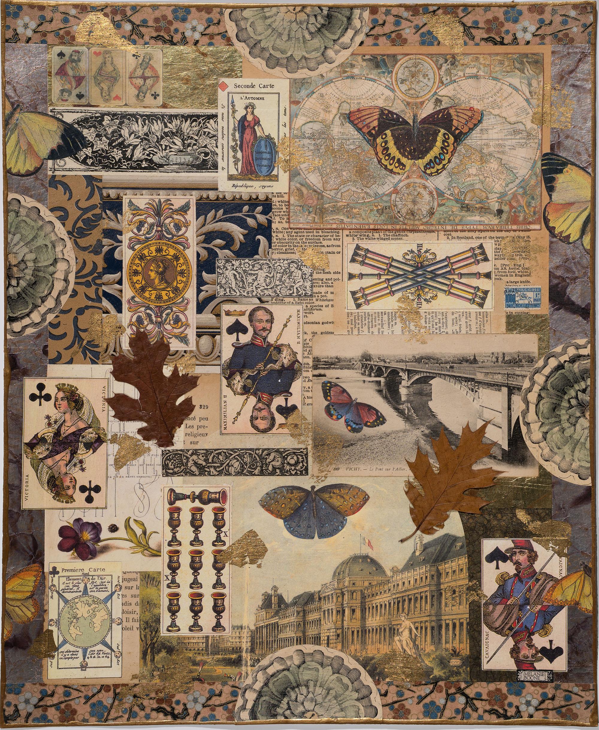 "Vichy" collage non encadré sur papier d'art par l'artiste Melanie Boone. Melanie Boone collée en bas à droite au recto. Signée Melanie Boone ©, datée de 1997 et titrée "Vichy" au verso. Les images de collage comprennent des feuilles, des papillons
