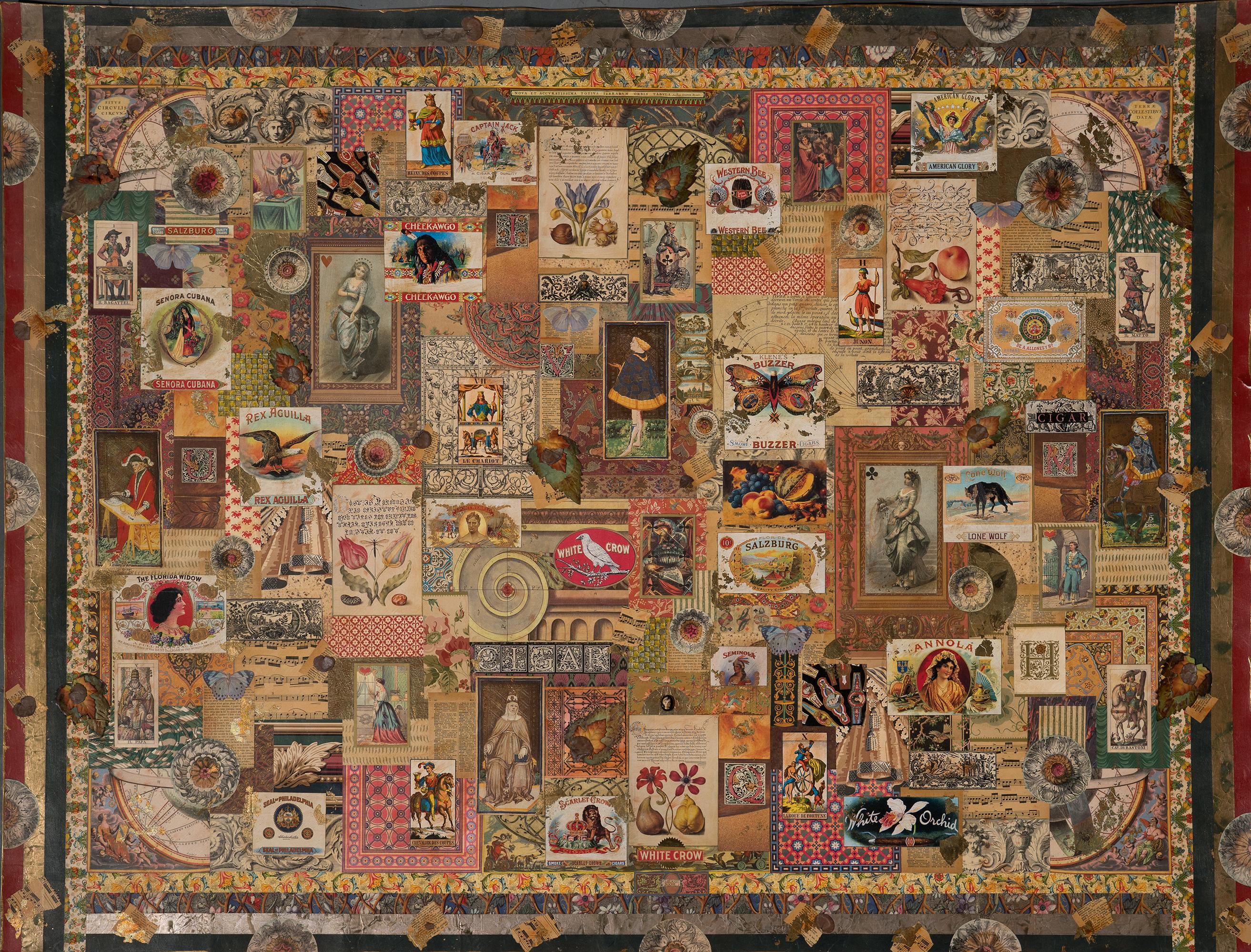 "White Lotus Cigars" unframed collage on fine art paper by artist Melanie Boone. Signed Melanie Boone ©, dated 1997 and titled "White Lotus Cigars" verso. Collage imagery features cigar bands and logos and sheet music. Three-dimensional details