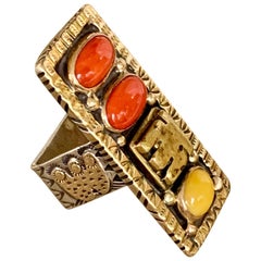 Vintage Melanie Deluca Signed Coral Sterling Silver and 14 Karat Yellow Gold Rin -size 7