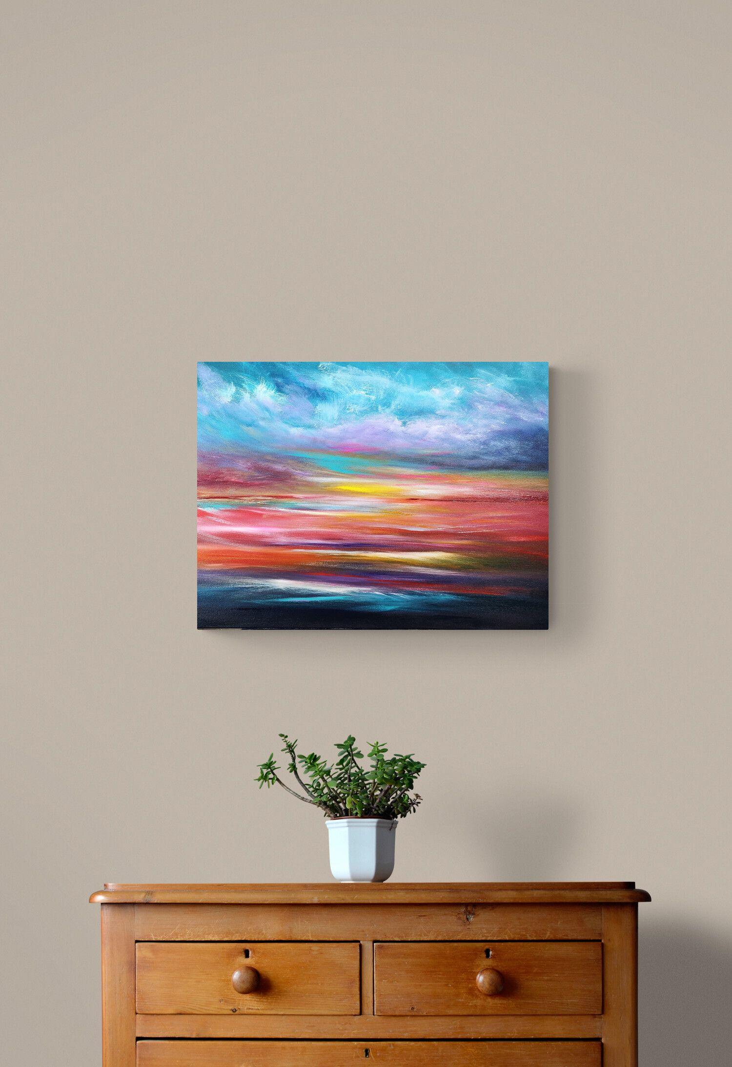 A rich and vivid painting with a sky of vibrant hues. Emotional and energetic, painted with passion and mood    This painting is on artist quality cotton canvas, and stretched with strong wooden bars. With painted sides and varnish it is ready to go