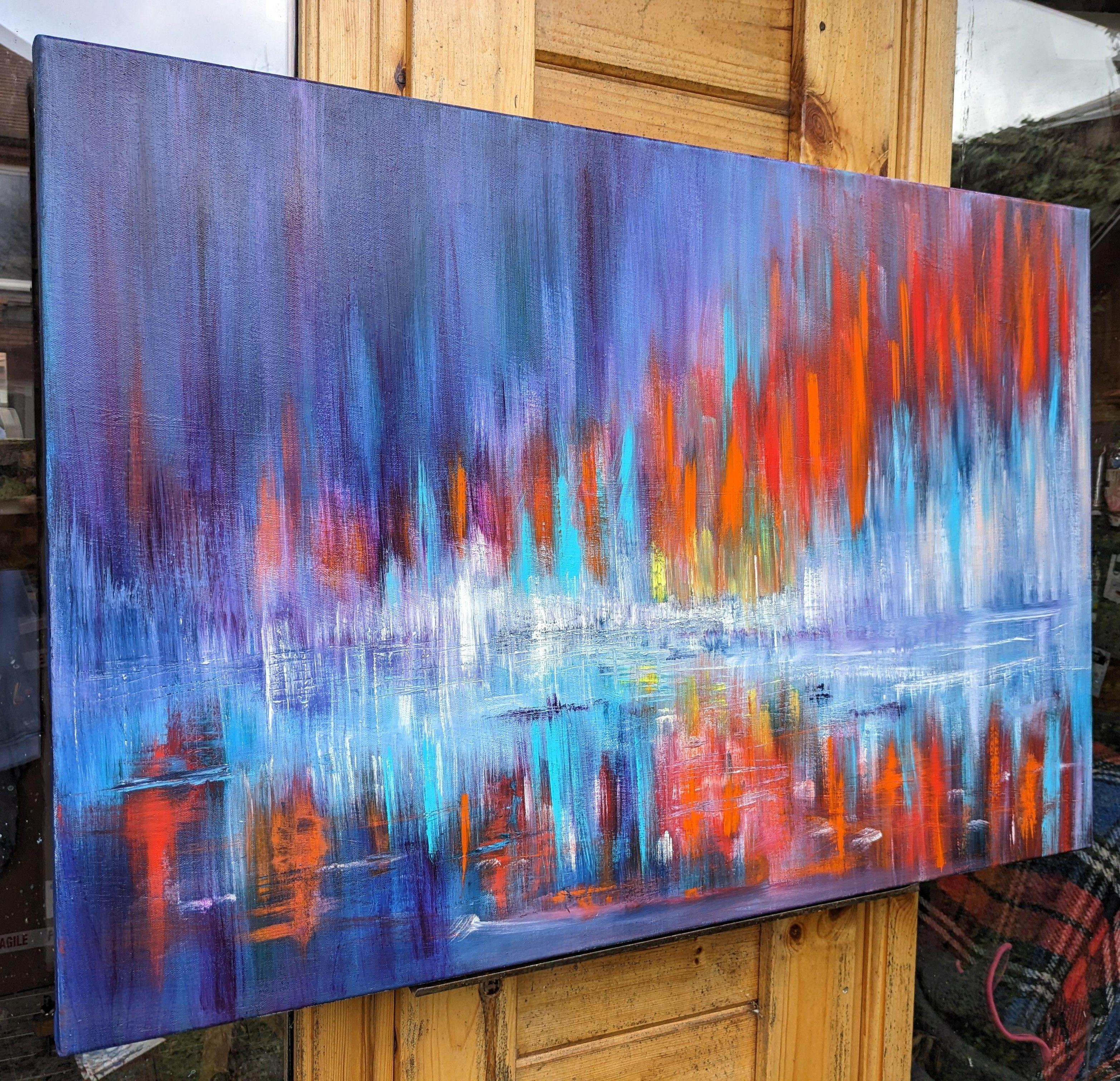 This piece is intense and vibrant, and painting this was a real emotional sanctuary for me. The wild and rich crimson and orange hues blend well with the flowing teals and blues. A thought provoking vibrant and emotional piece. Reflective and