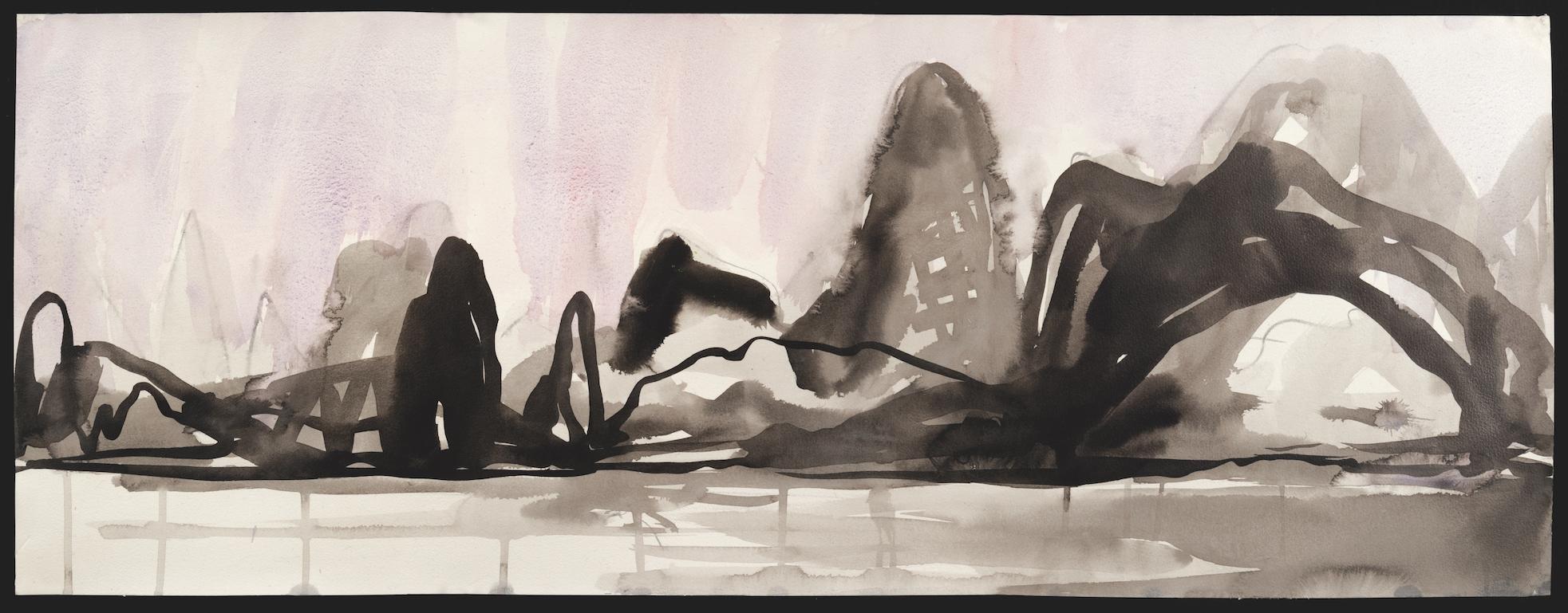 Melanie Kozol Landscape Painting - Karst, black and white mountainscape, ink on paper