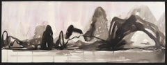 Karst, black and white mountainscape, ink on paper