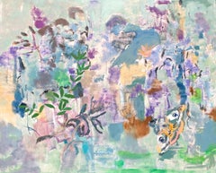 All The Greens of June, Large Horizontal Abstract Painting, Lilac, Blue, Green