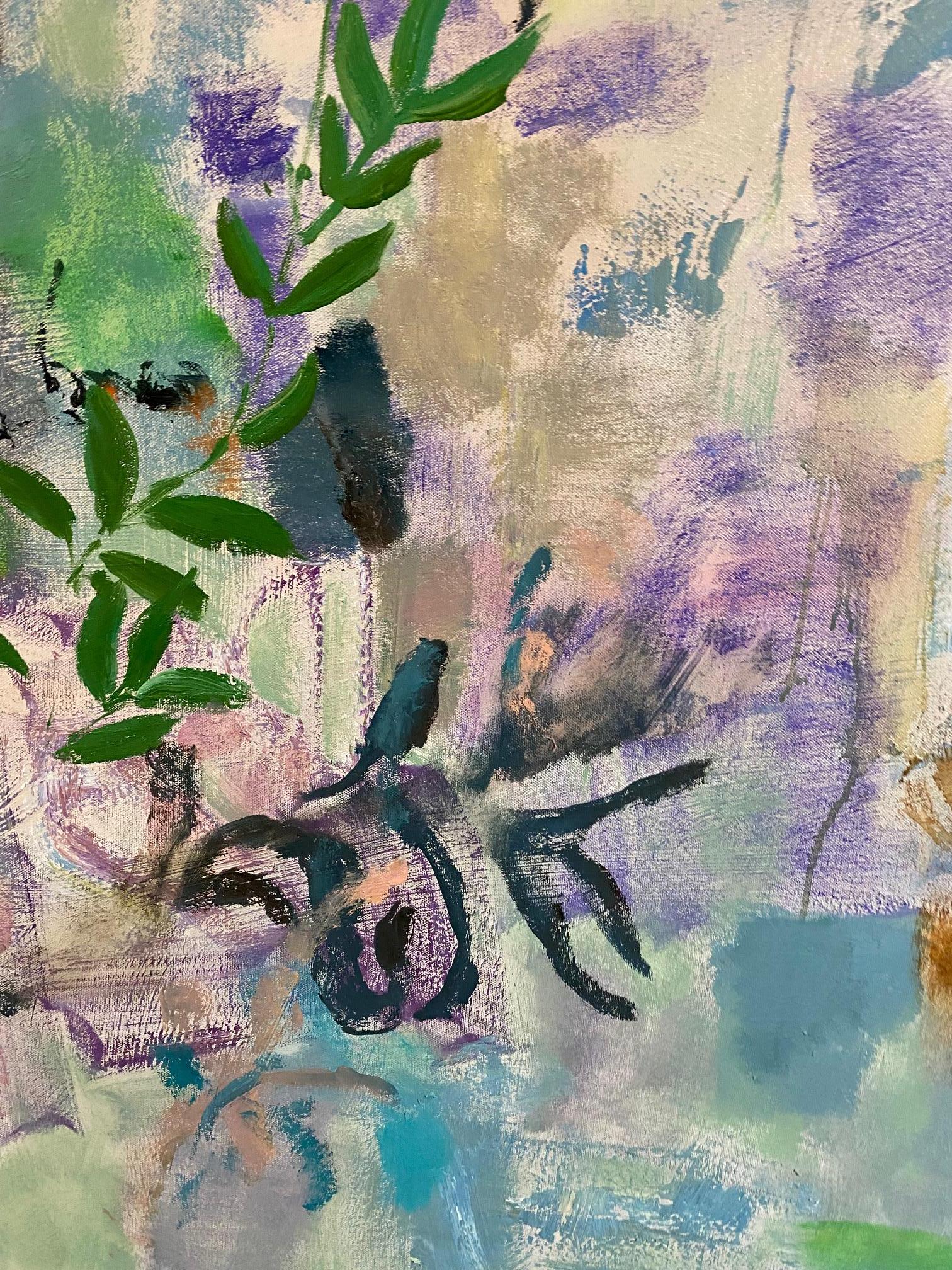All the Greens of June, Lilac, Blue, Green, Abstract Botanical, Butterfly For Sale 6