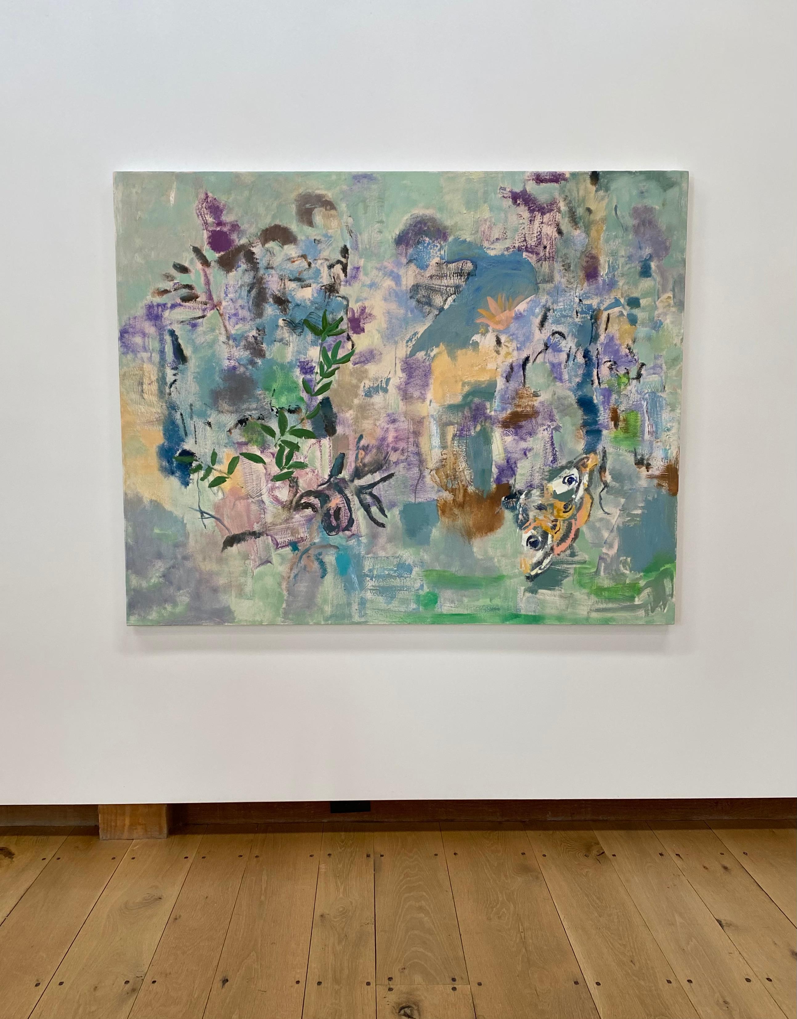 All the Greens of June, Lilac, Blue, Green, Abstract Botanical, Butterfly - Painting by Melanie Parke