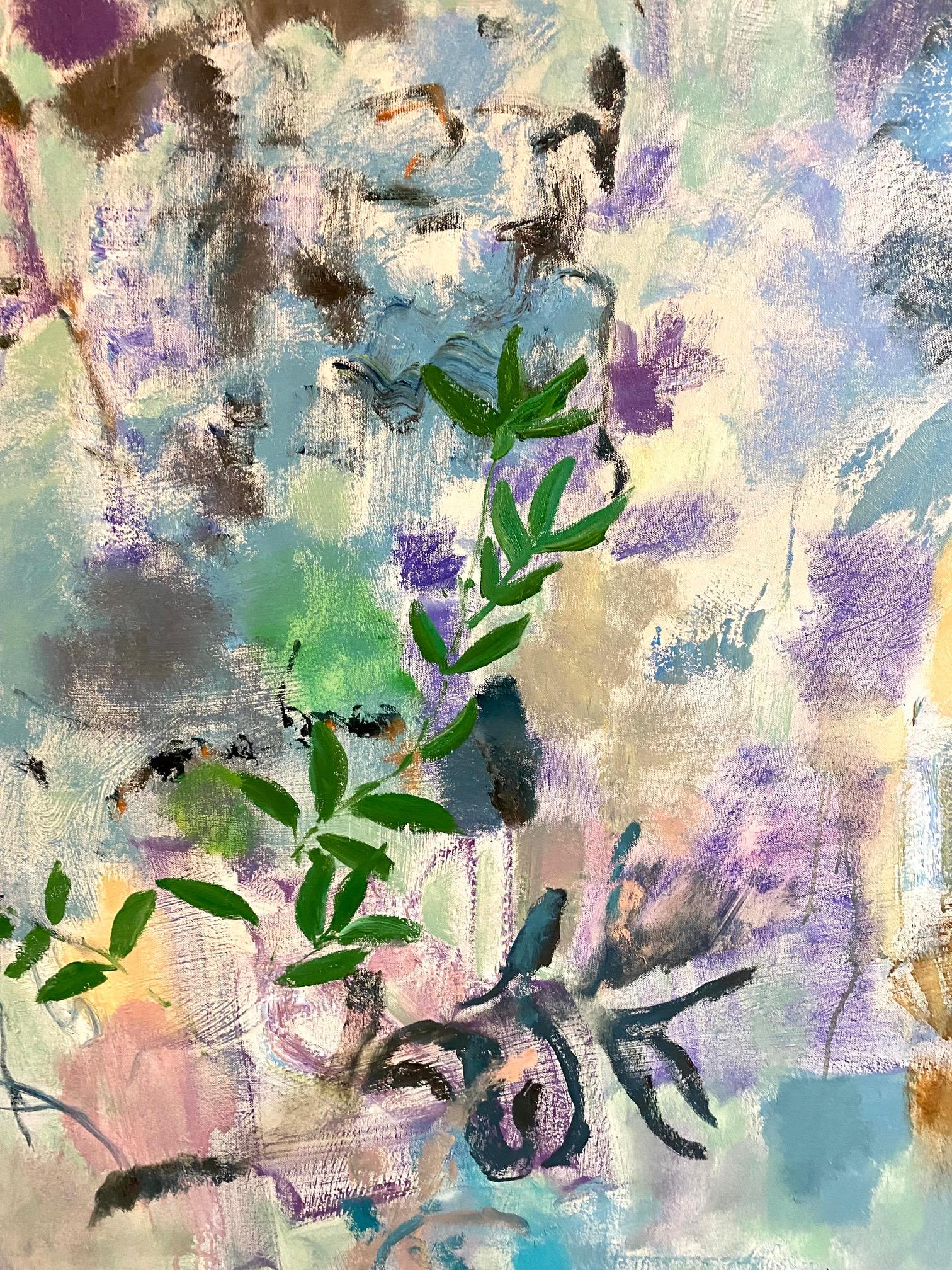 Lively abstract brushwork in lilac, violet, blue, brown, peach, pink and lush green on a soft, mottled background with pale mint green and light gray blue suggests flowers, botany and a butterfly. Signed, dated and titled on verso.

Pastoral and