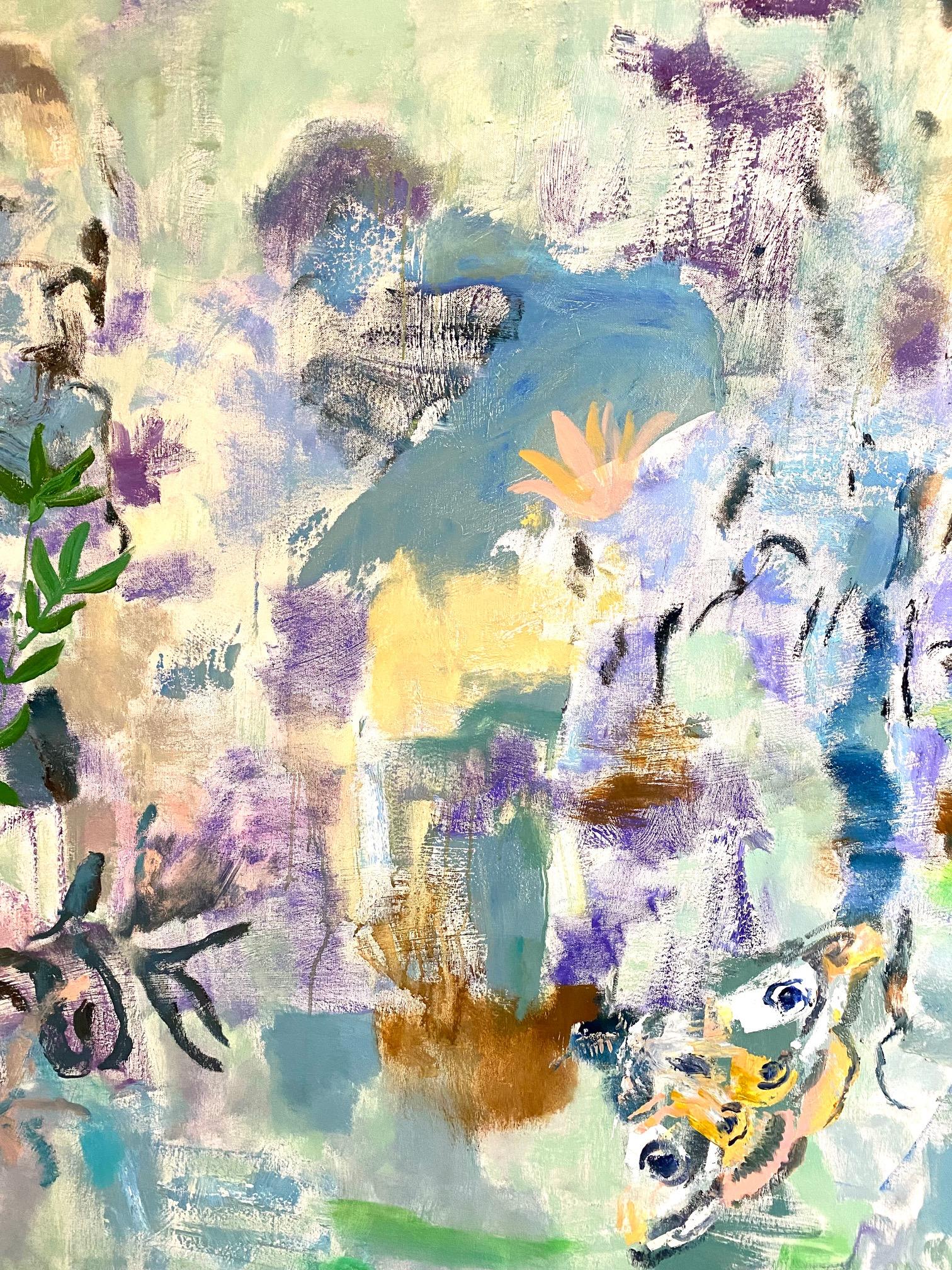 All the Greens of June, Lilac, Blue, Green, Abstract Botanical, Butterfly For Sale 3