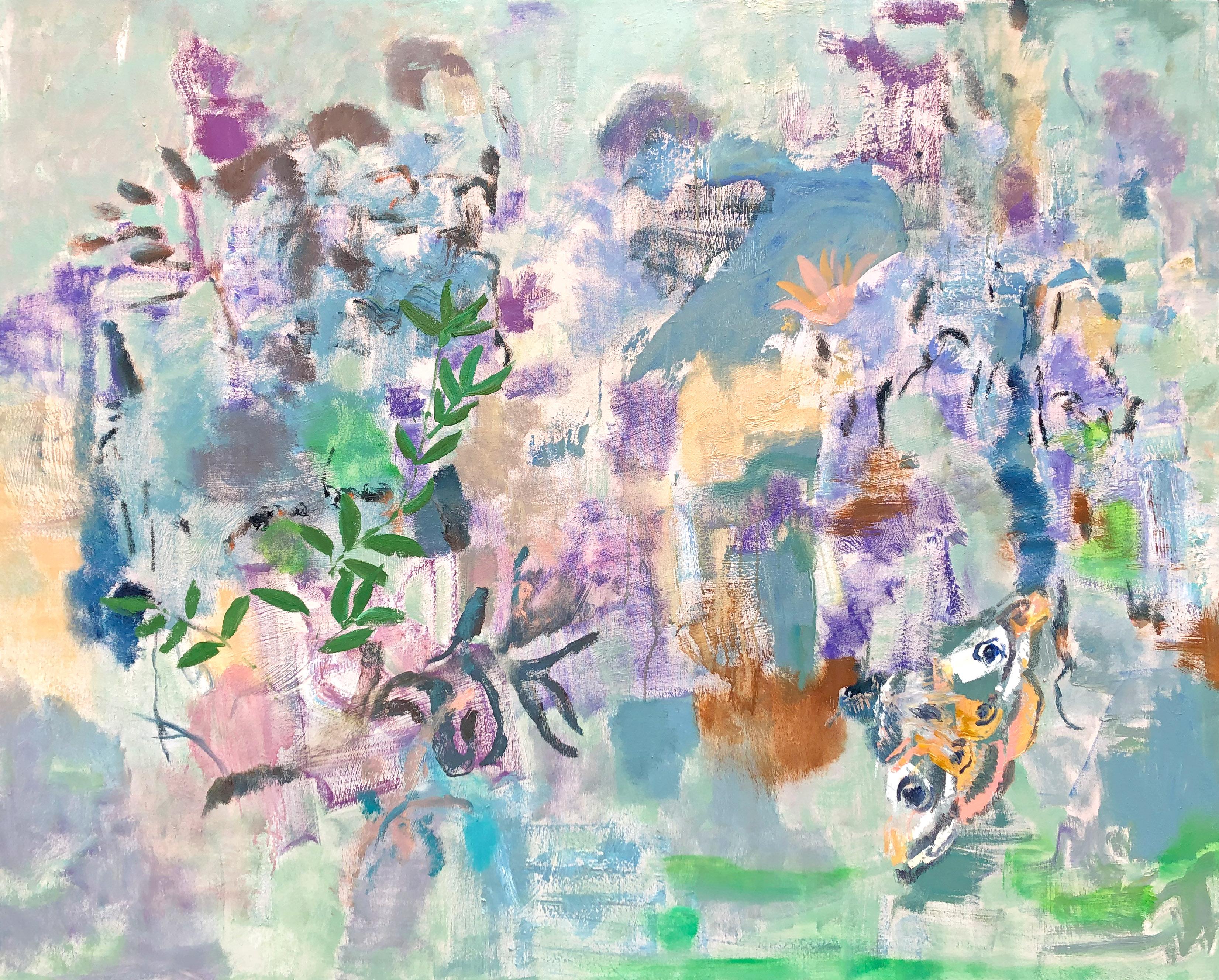 Melanie Parke Abstract Painting - All the Greens of June, Lilac, Blue, Green, Abstract Botanical, Butterfly