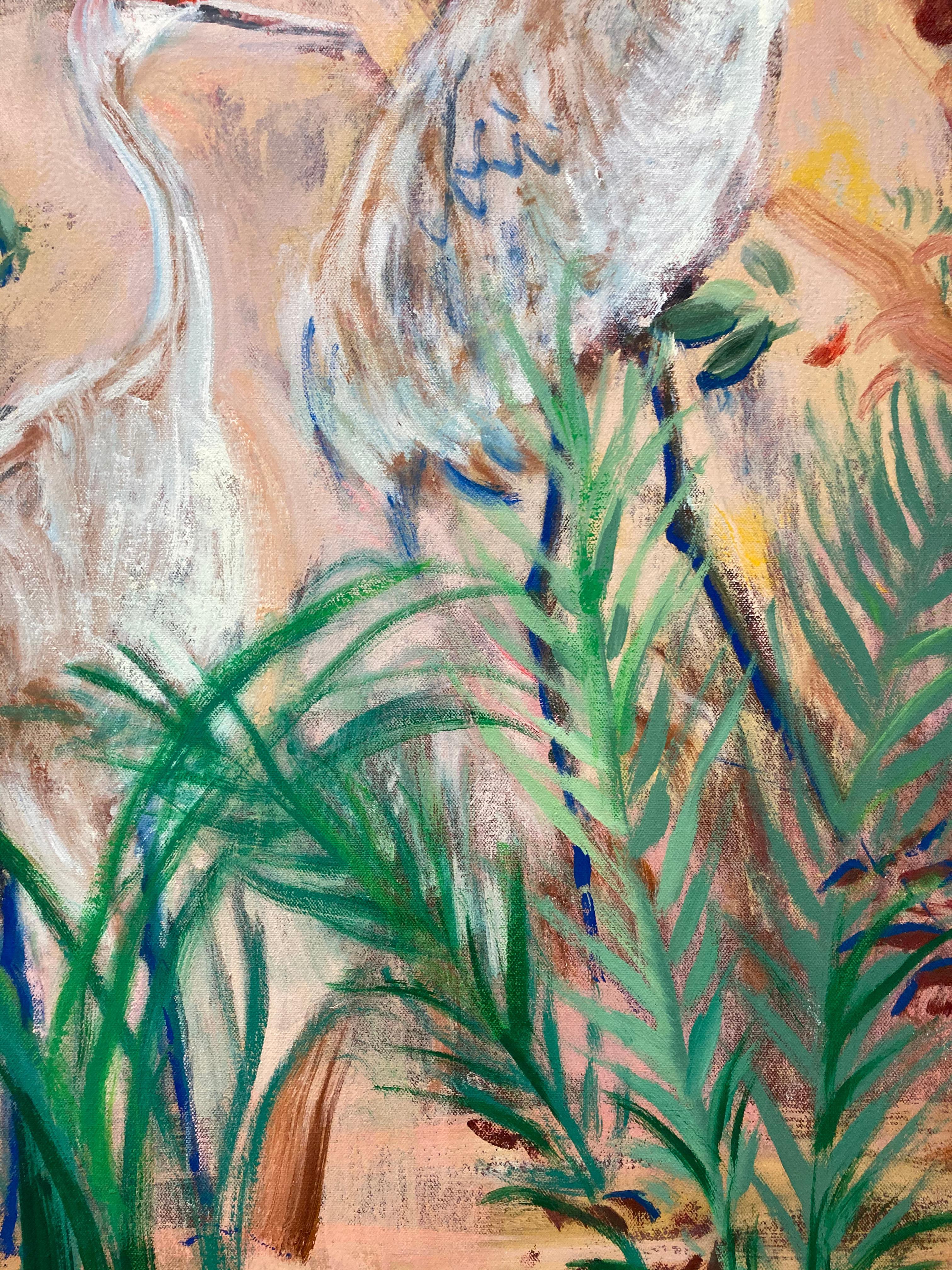 Alba dell'Arcadia, Uccelli della gru di Sandhill, Fiori rossi, Paesaggio botanico rosa salmone 5