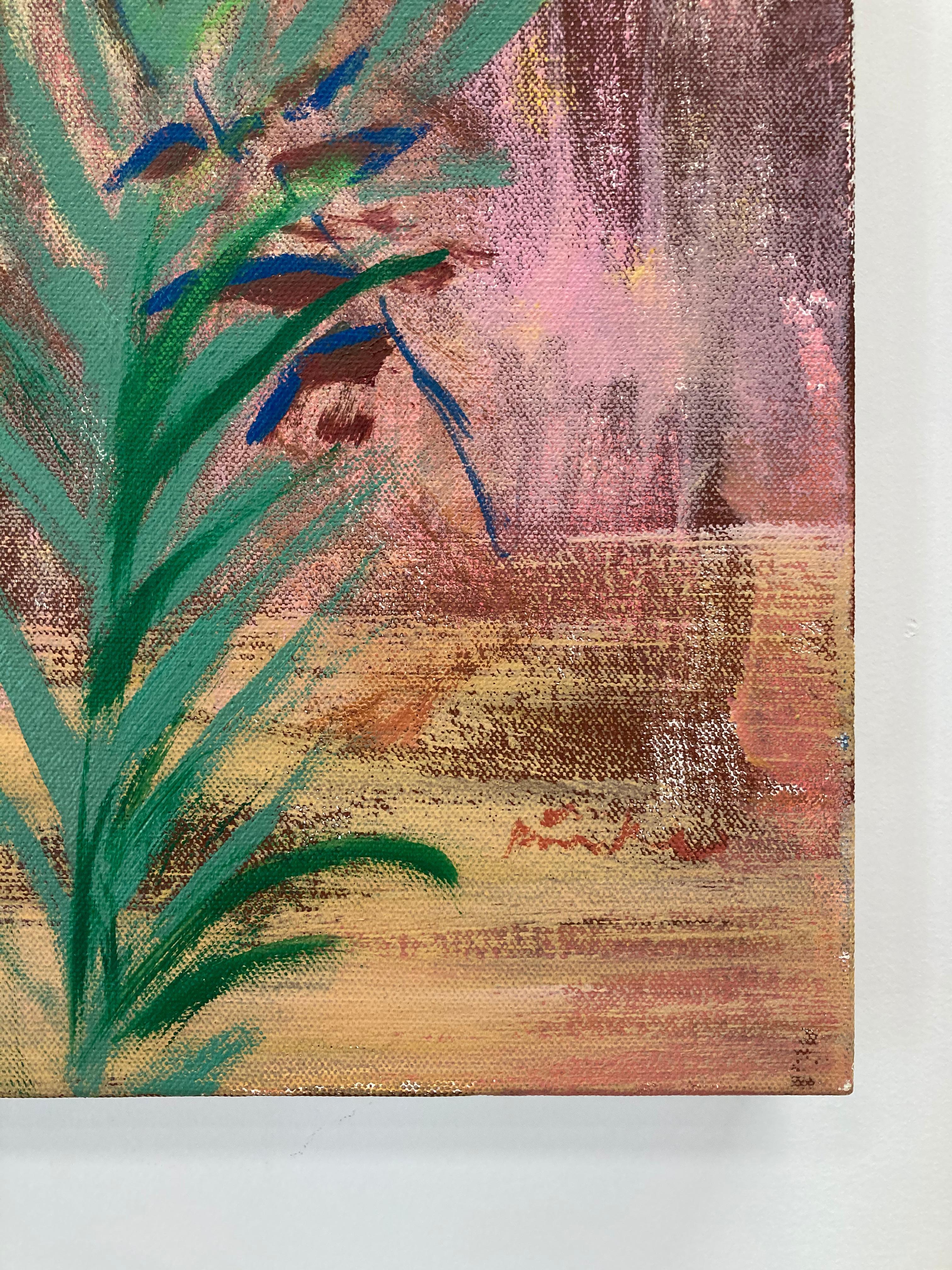 Arcadia Dawn, Sandhill Crane Birds, Red Flowers, Salmon Pink Botanical Landscape For Sale 9