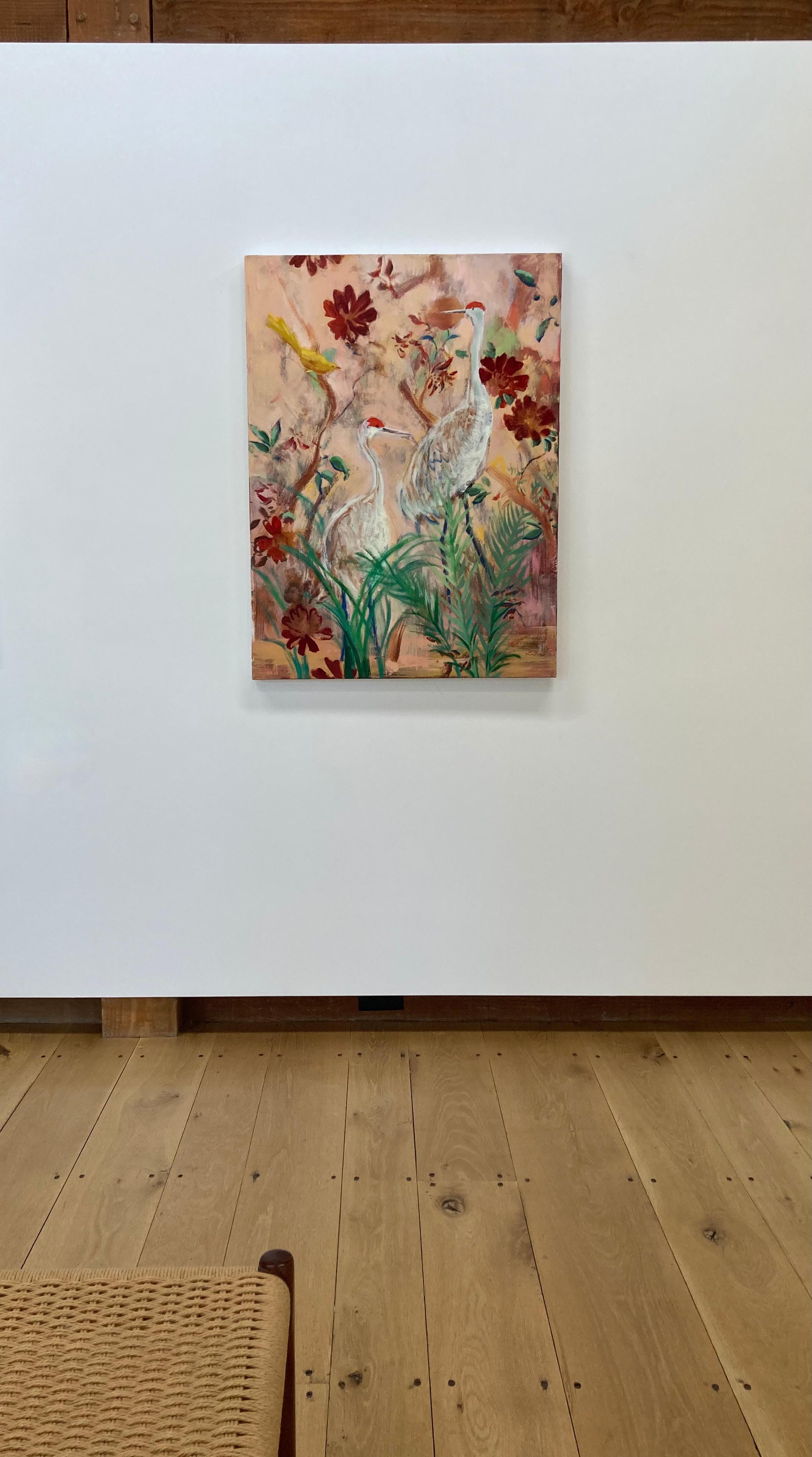 Alba dell'Arcadia, Uccelli della gru di Sandhill, Fiori rossi, Paesaggio botanico rosa salmone 9