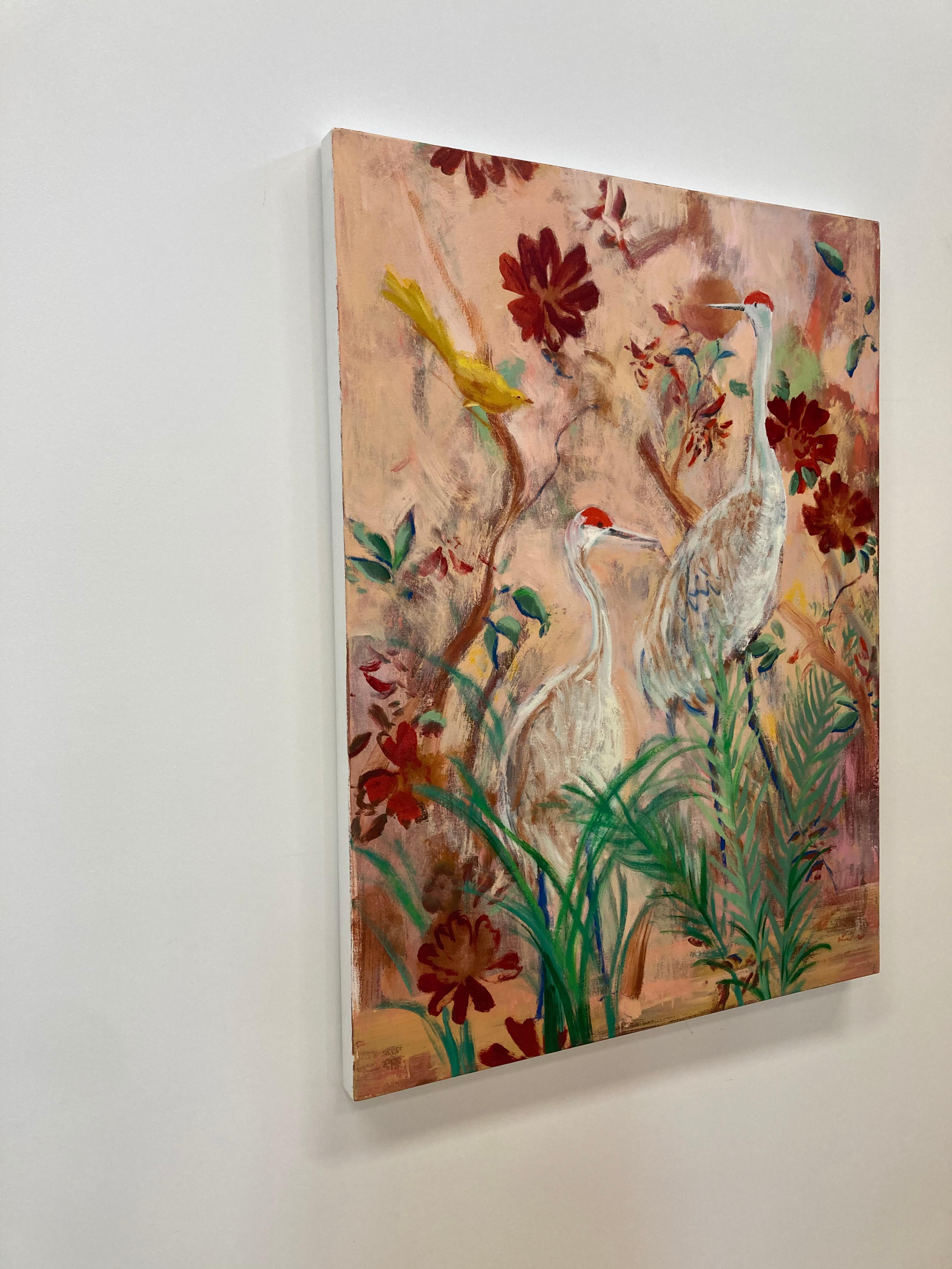 Alba dell'Arcadia, Uccelli della gru di Sandhill, Fiori rossi, Paesaggio botanico rosa salmone 11