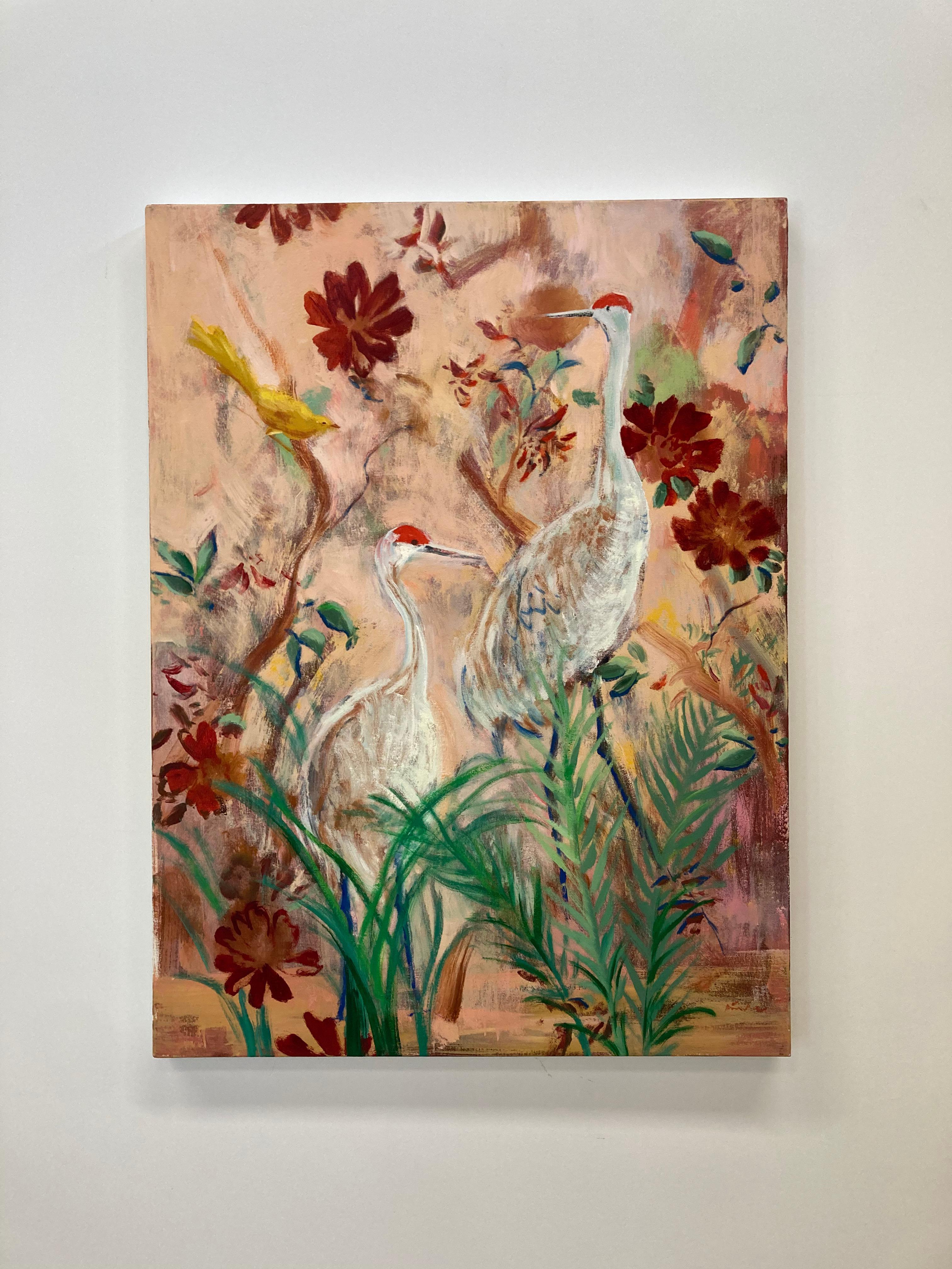 Alba dell'Arcadia, Uccelli della gru di Sandhill, Fiori rossi, Paesaggio botanico rosa salmone - Painting di Melanie Parke