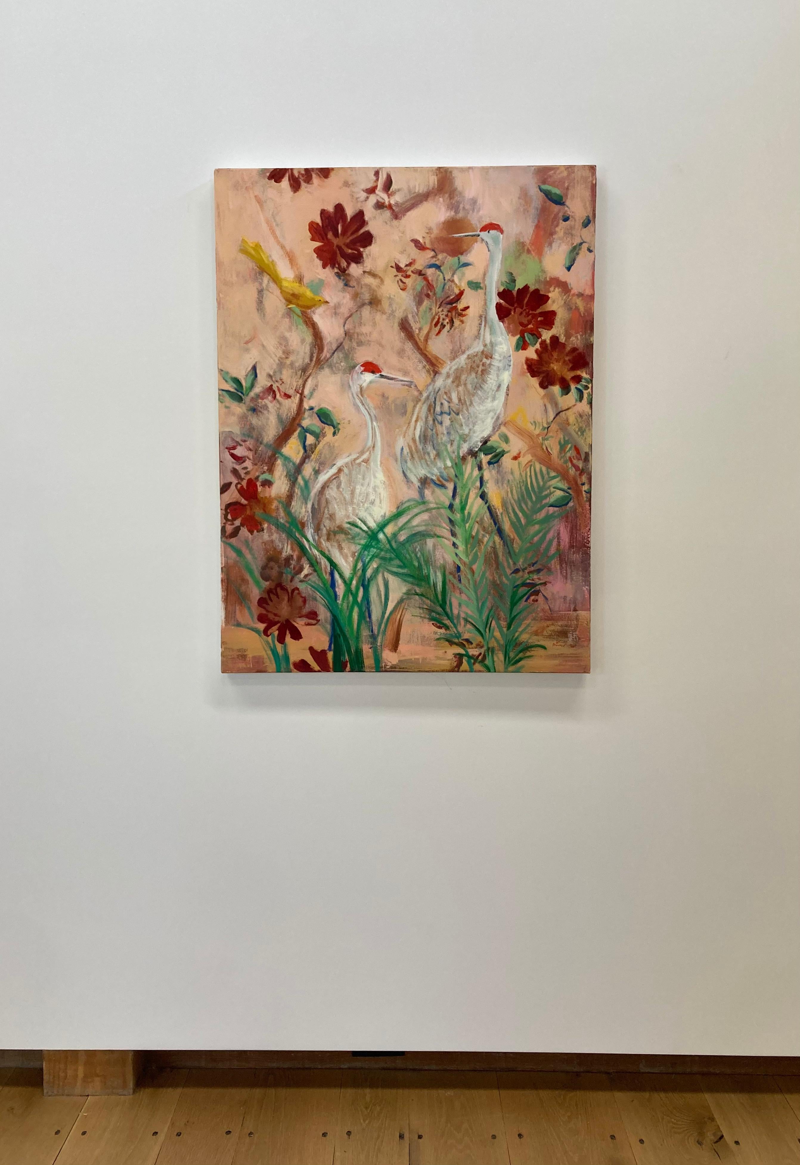 Alba dell'Arcadia, Uccelli della gru di Sandhill, Fiori rossi, Paesaggio botanico rosa salmone - Landscape Painting Beige di Melanie Parke