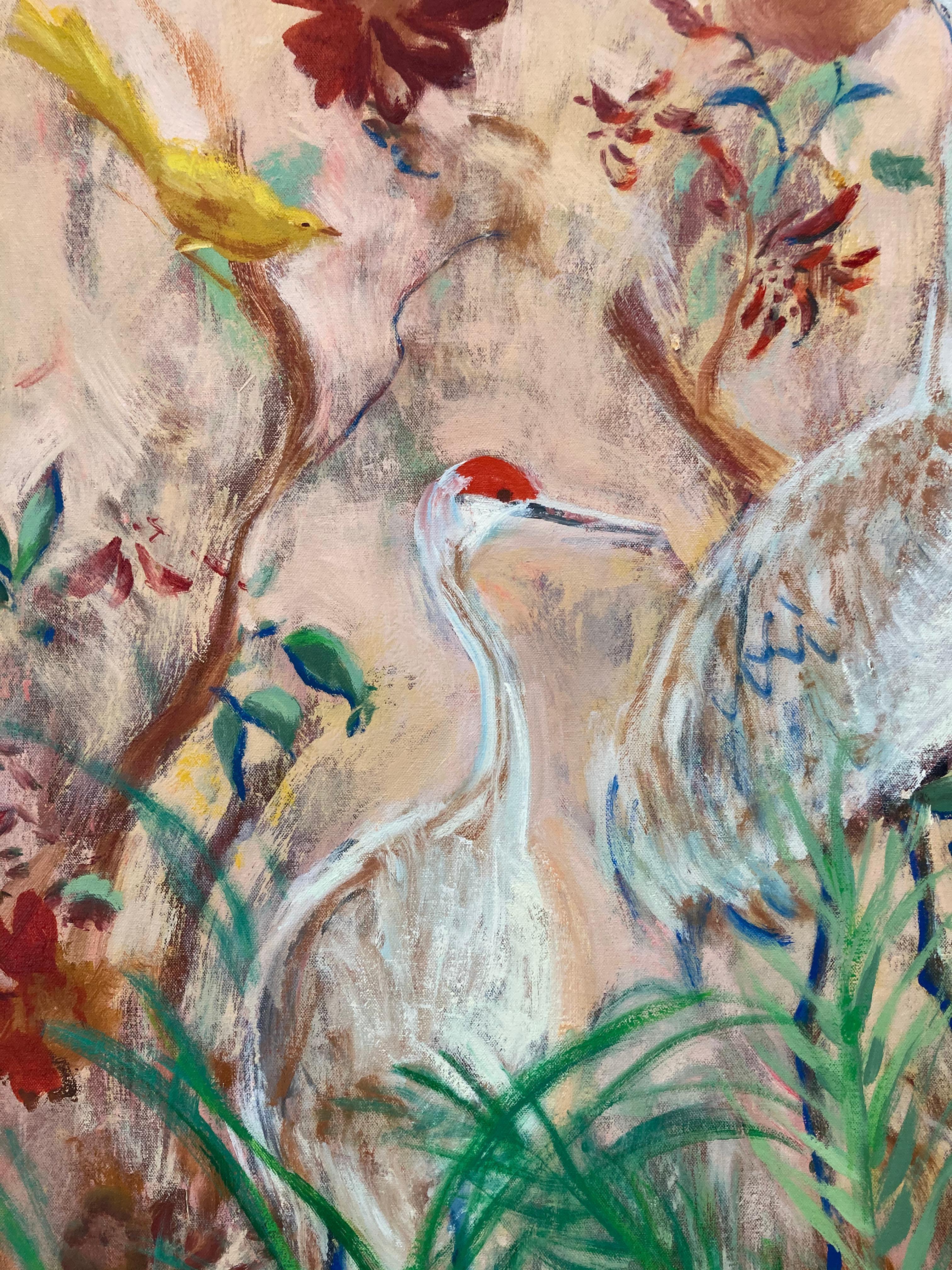 Alba dell'Arcadia, Uccelli della gru di Sandhill, Fiori rossi, Paesaggio botanico rosa salmone 3