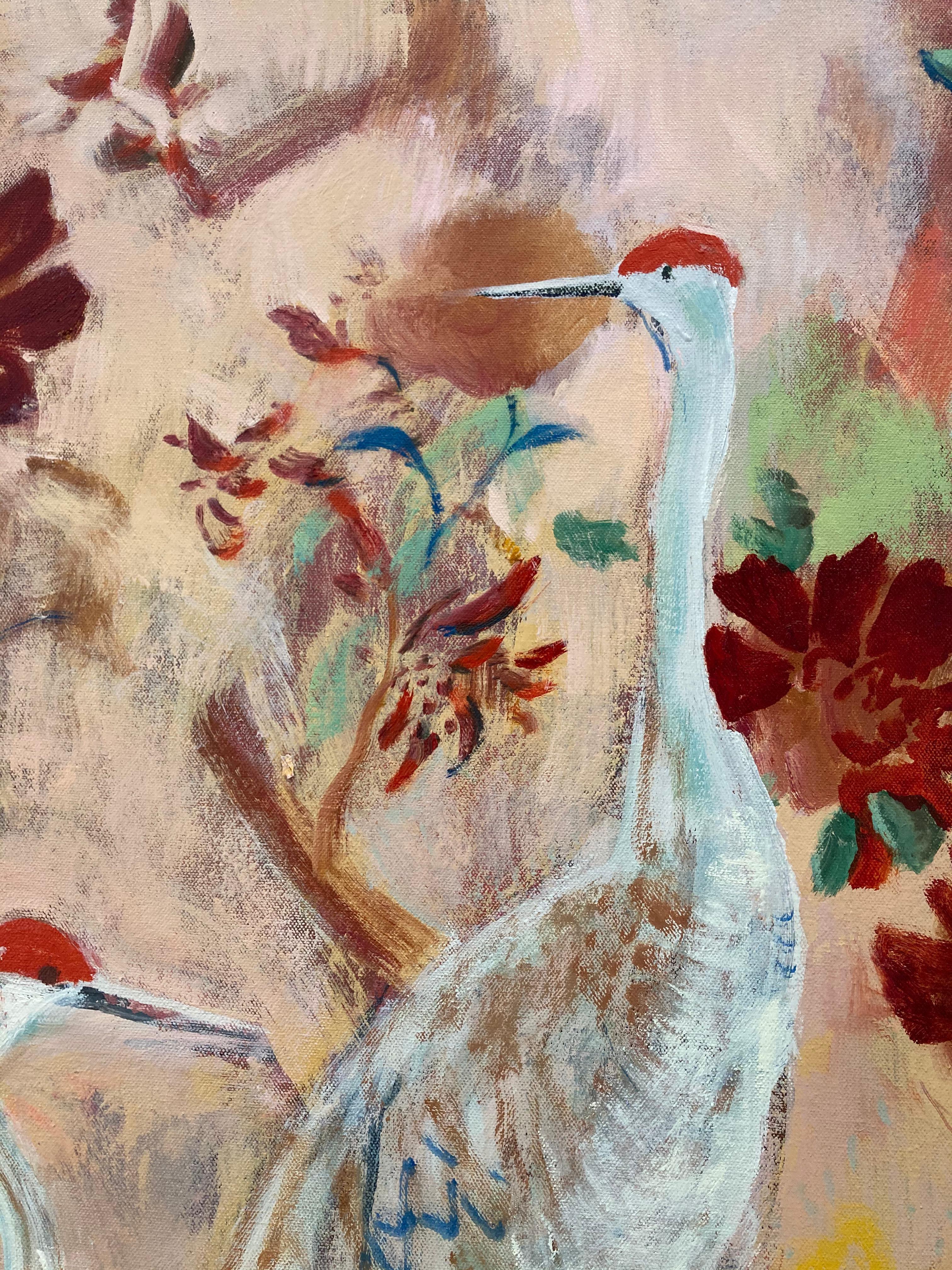 Arcadia Dawn, Sandhill Crane Birds, Red Flowers, Salmon Pink Botanical Landscape For Sale 5