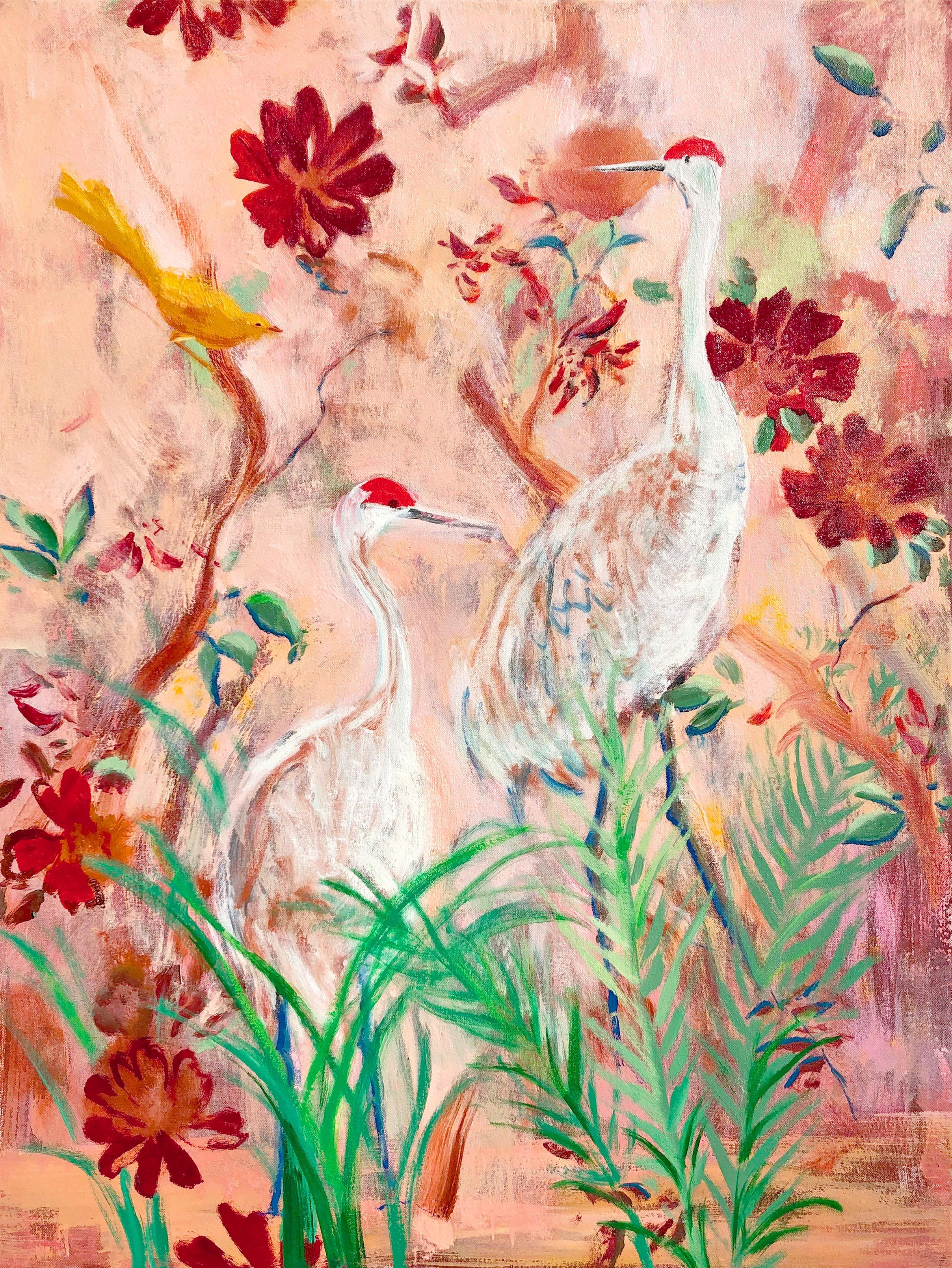 Melanie Parke Landscape Painting - Arcadia Dawn, Sandhill Crane Birds, Red Flowers, Salmon Pink Botanical Landscape