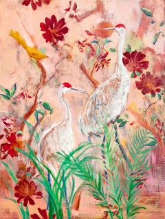 Arcadia Dawn, Vertical Painting, Sandhill Crane Birds, Red Flowers, Salmon Pink