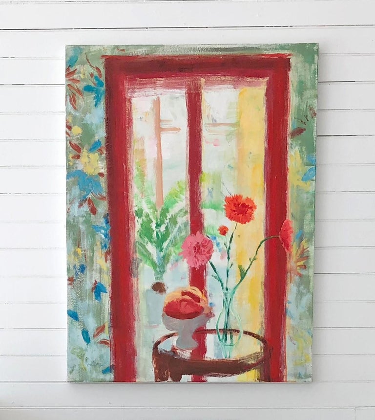 Arezzo Garden Square, Vertical Botanical Still Life, Red, Yellow Interior Scene - Painting by Melanie Parke