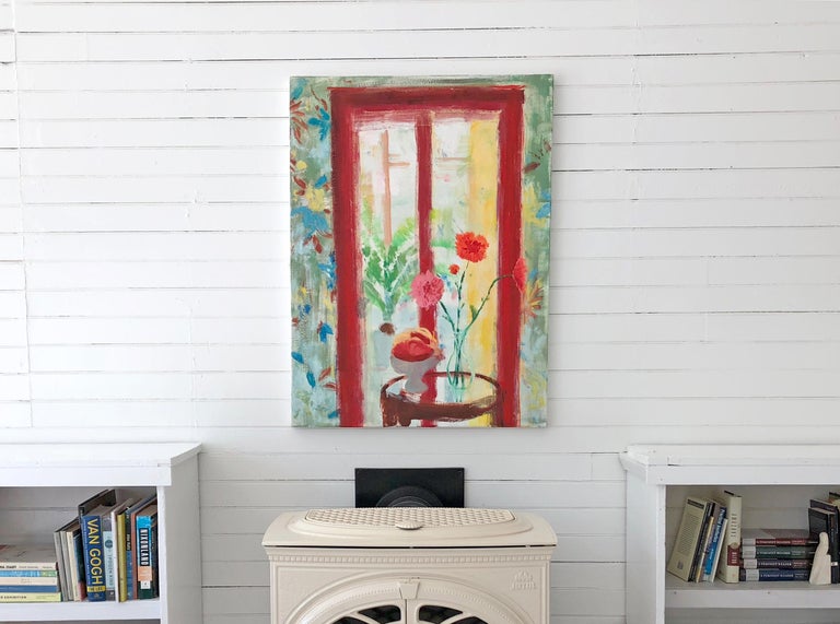 Arezzo Garden Square, Vertical Botanical Still Life, Red, Yellow Interior Scene - Contemporary Painting by Melanie Parke