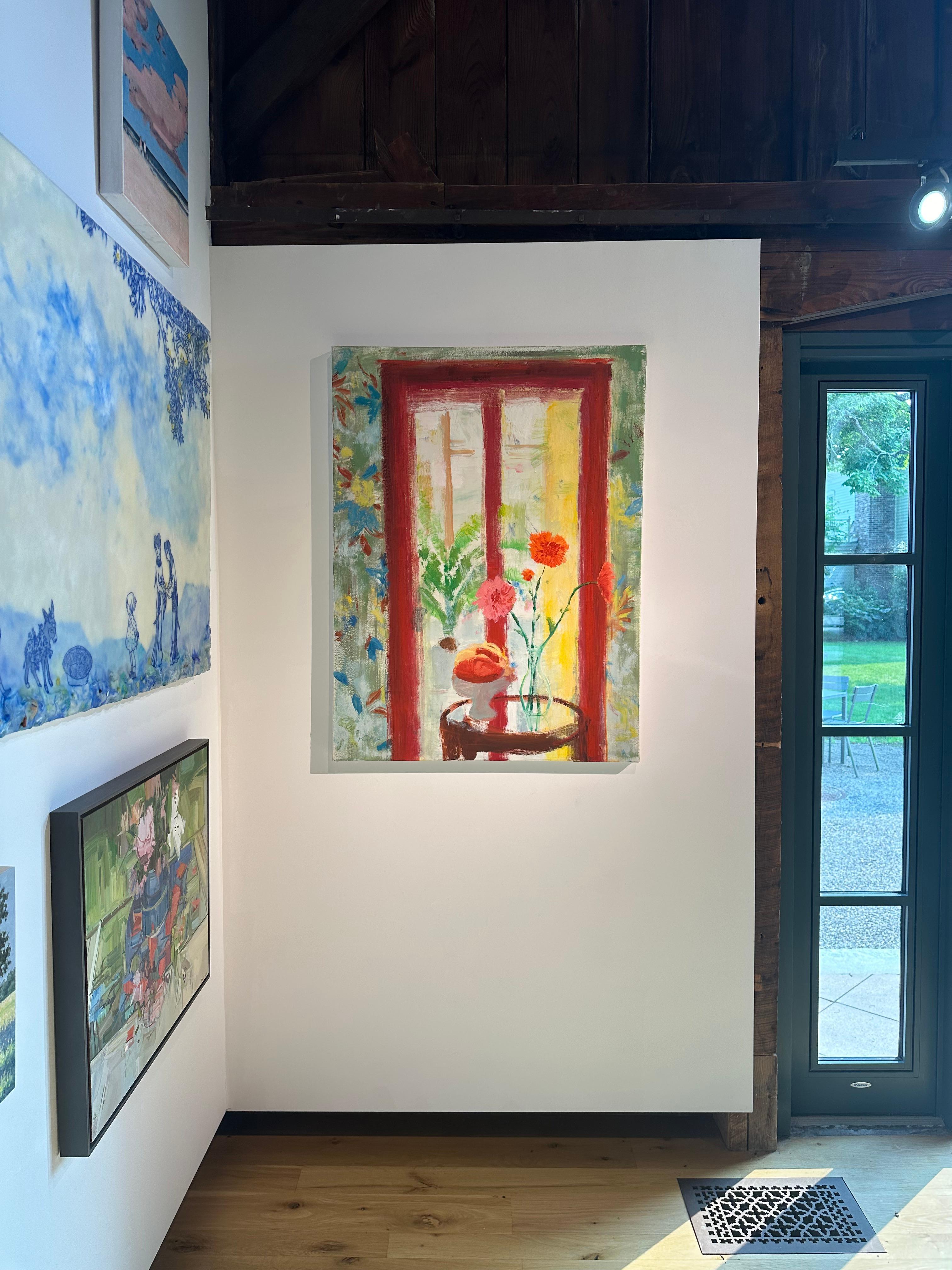 Piazza del Giardino di Arezzo - Fiori di crisantemo giallo rosso frutta Natura morta, 2019 - Still-Life Painting Beige di Melanie Parke