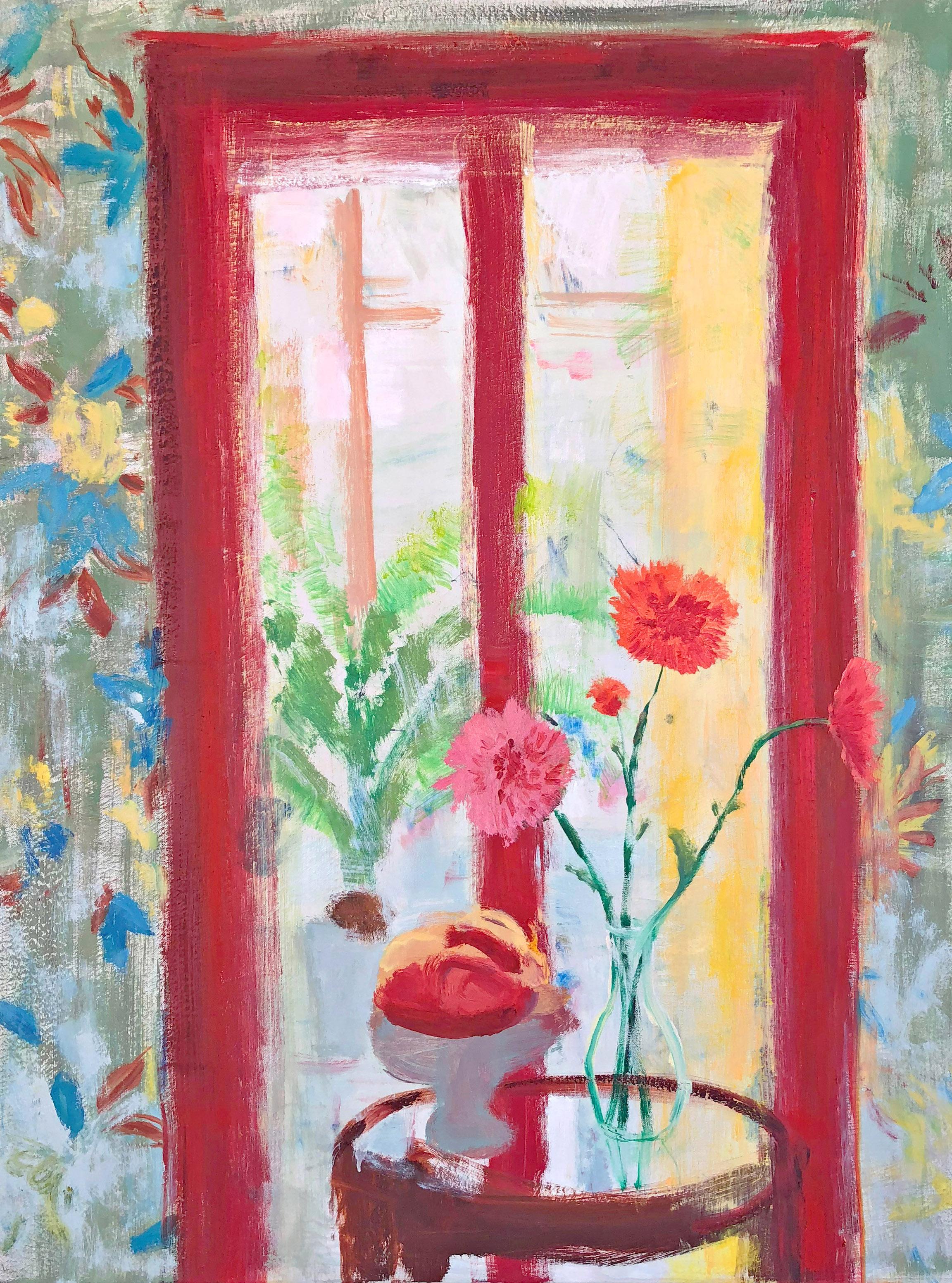 Melanie Parke Interior Painting – Arezzo-Garten quadratisch, gelbe, rote Chrysanthemenblumen, Innensszene, Obst