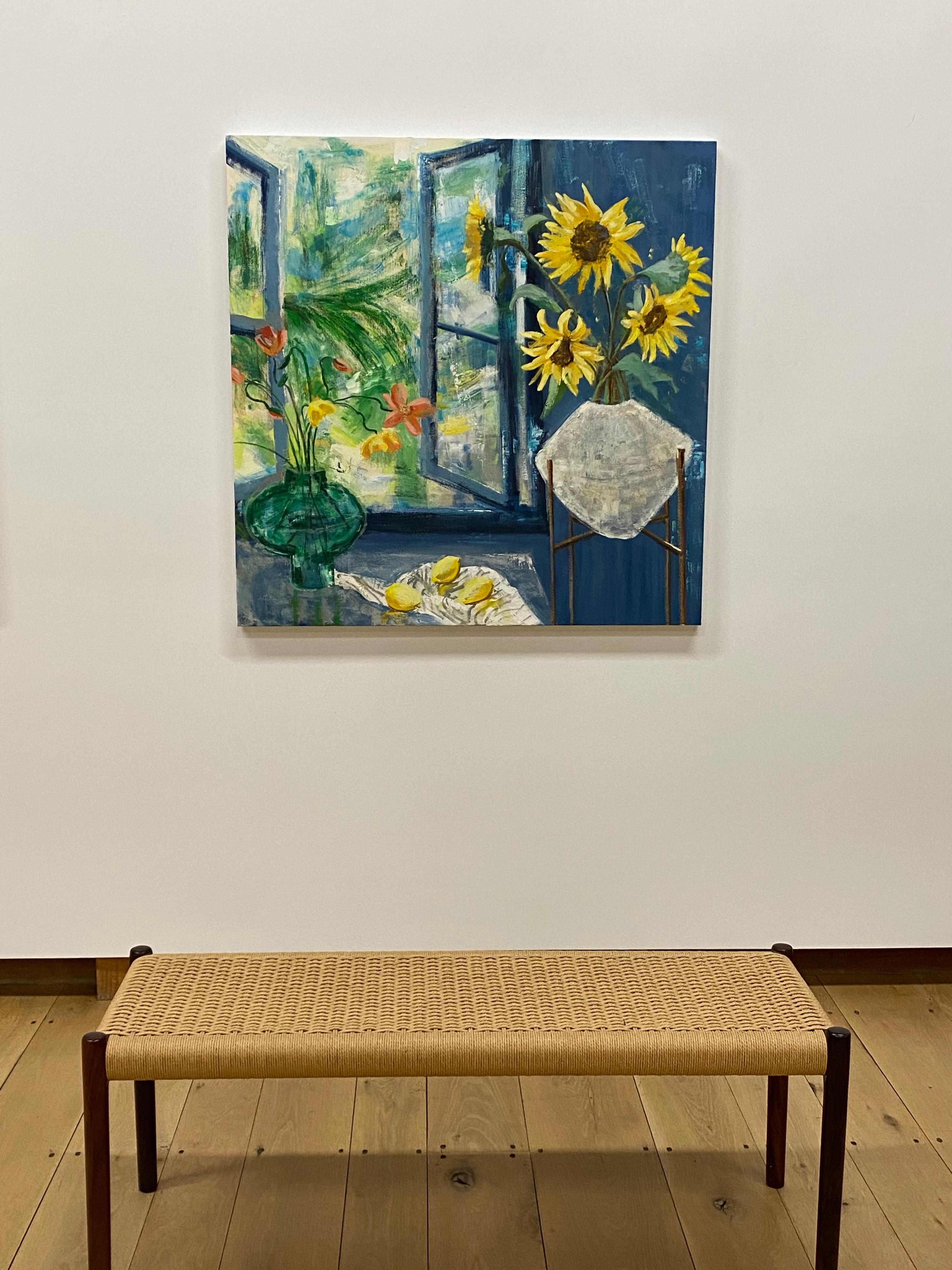 Arezzo Matina - Botanical Still Life Blue Yellow Sunflowers Window, 2021 - Contemporary Painting by Melanie Parke