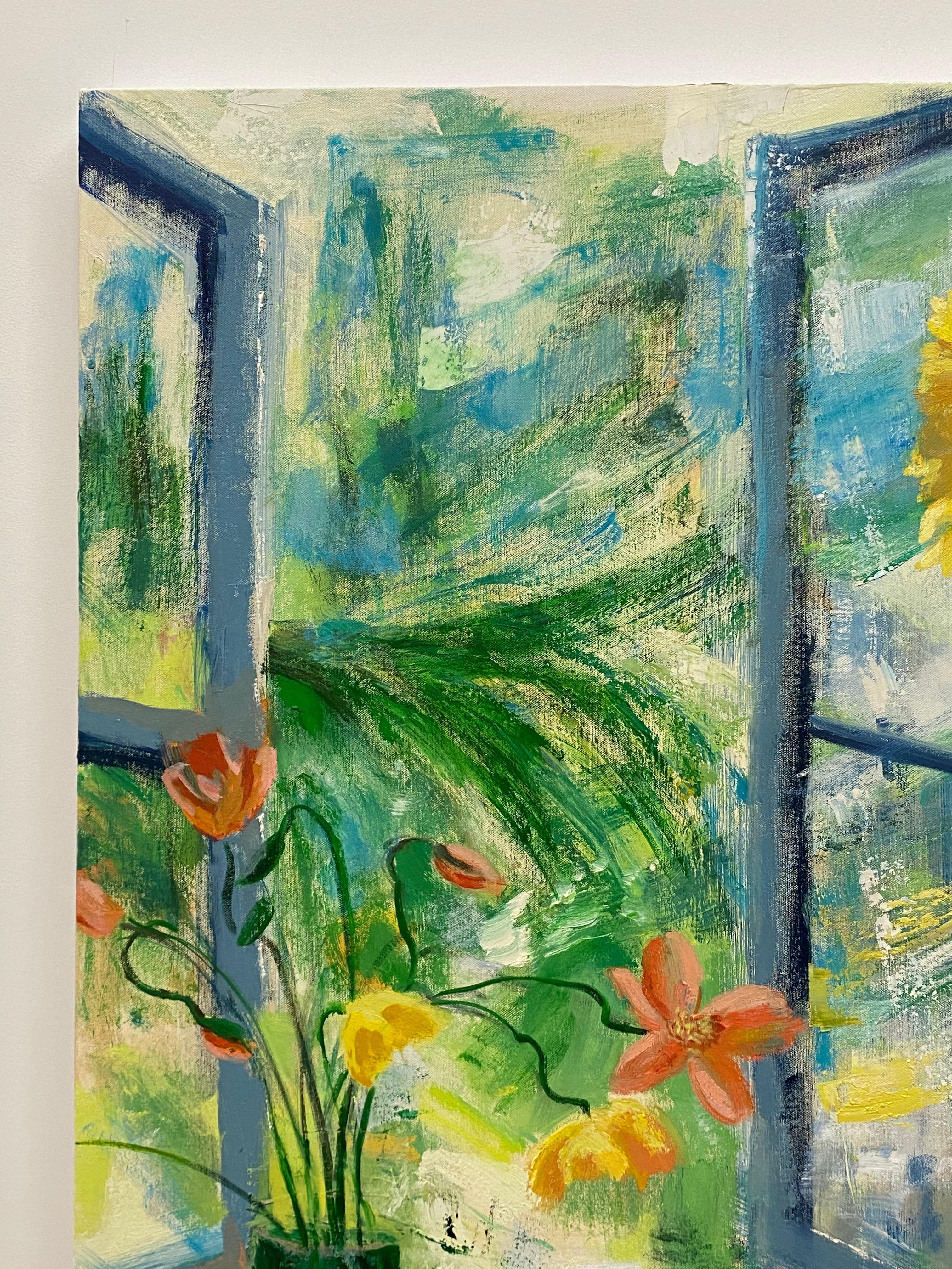 A contemporary oil painting on canvas of a bright and inviting interior scene with a still life arrangement of cheerful yellow sunflowers in a planter on a stand sit beside a table with three yellow lemons and a bouquet of coral and yellow flowers