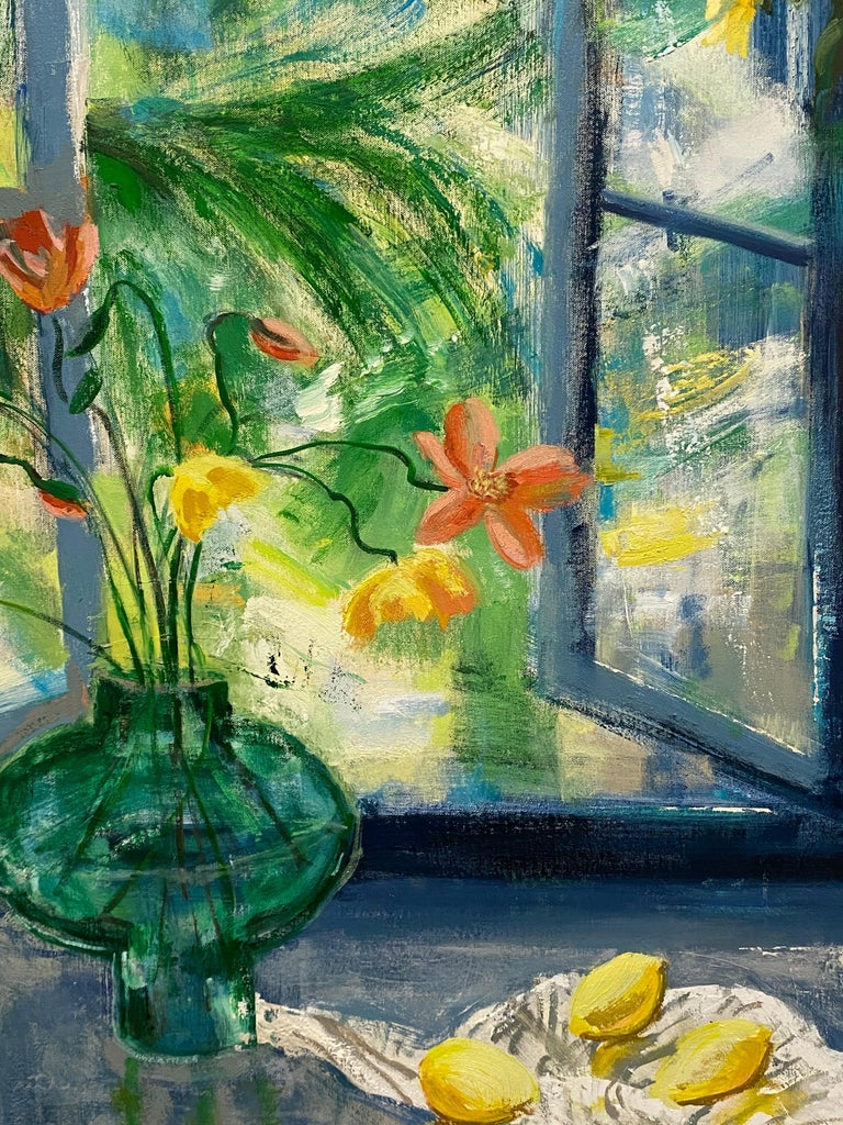 Arezzo Matina, Interior Painting, Botanical Still Life, Blue, Yellow Sunflowers For Sale 9