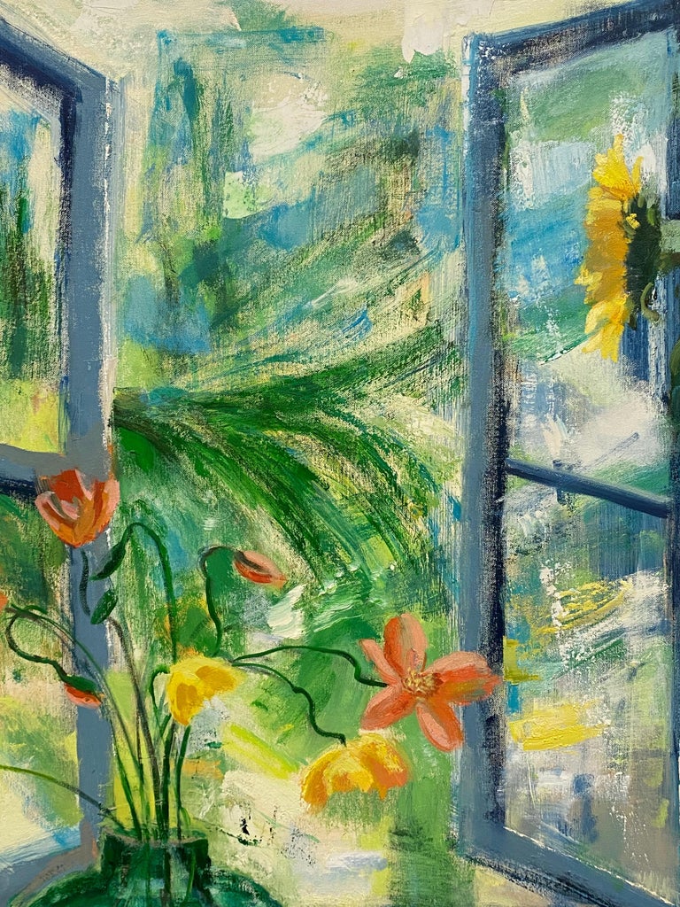 Arezzo Matina, Interior Painting, Botanical Still Life, Blue, Yellow Sunflowers For Sale 10