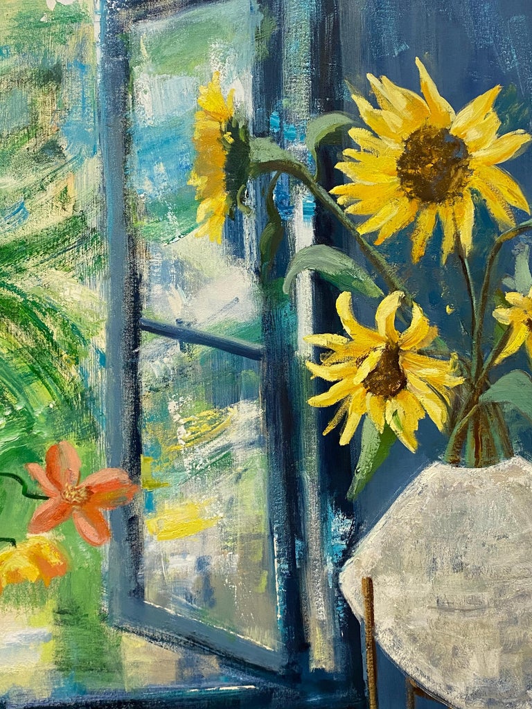 Arezzo Matina, Interior Painting, Botanical Still Life, Blue, Yellow Sunflowers For Sale 11