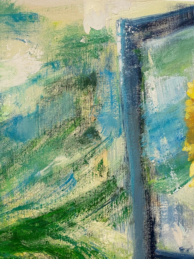 Arezzo Matina, Interior Painting, Botanical Still Life, Blue, Yellow Sunflowers For Sale 12