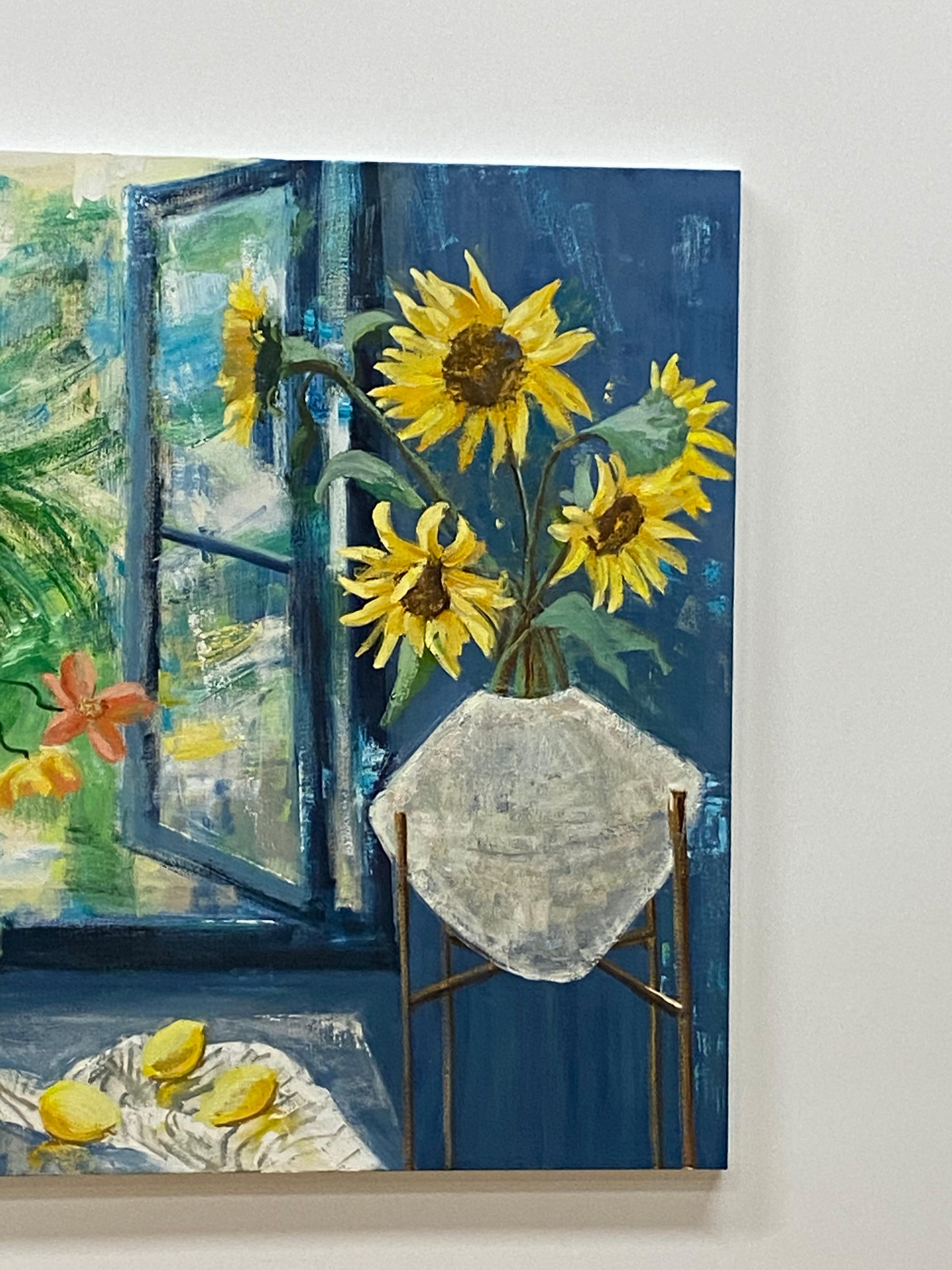 Arezzo Matina, Interior Painting, Botanical Still Life, Blue, Yellow Sunflowers For Sale 14