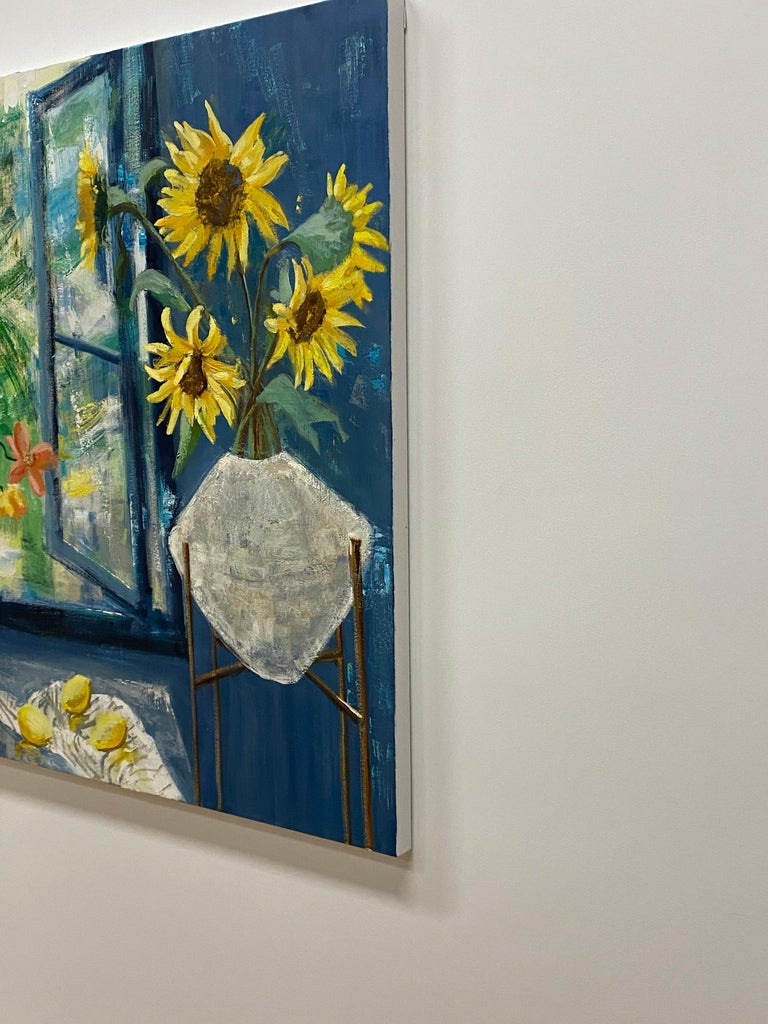 Arezzo Matina, Interior Painting, Botanical Still Life, Blue, Yellow Sunflowers For Sale 16