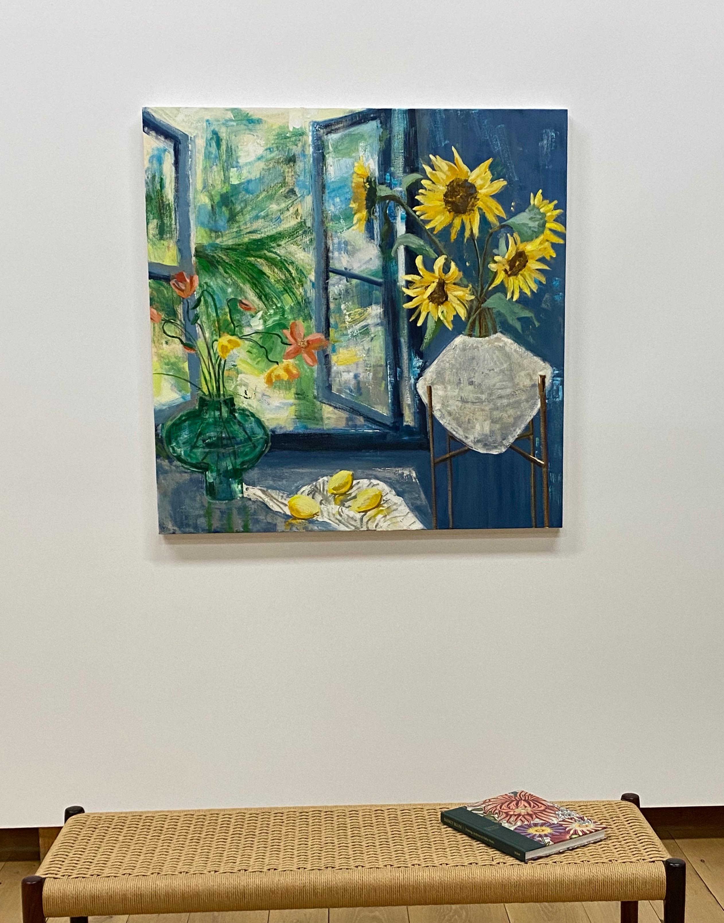 Arezzo Matina, Interior Painting, Botanical Still Life, Blue, Yellow Sunflowers For Sale 16