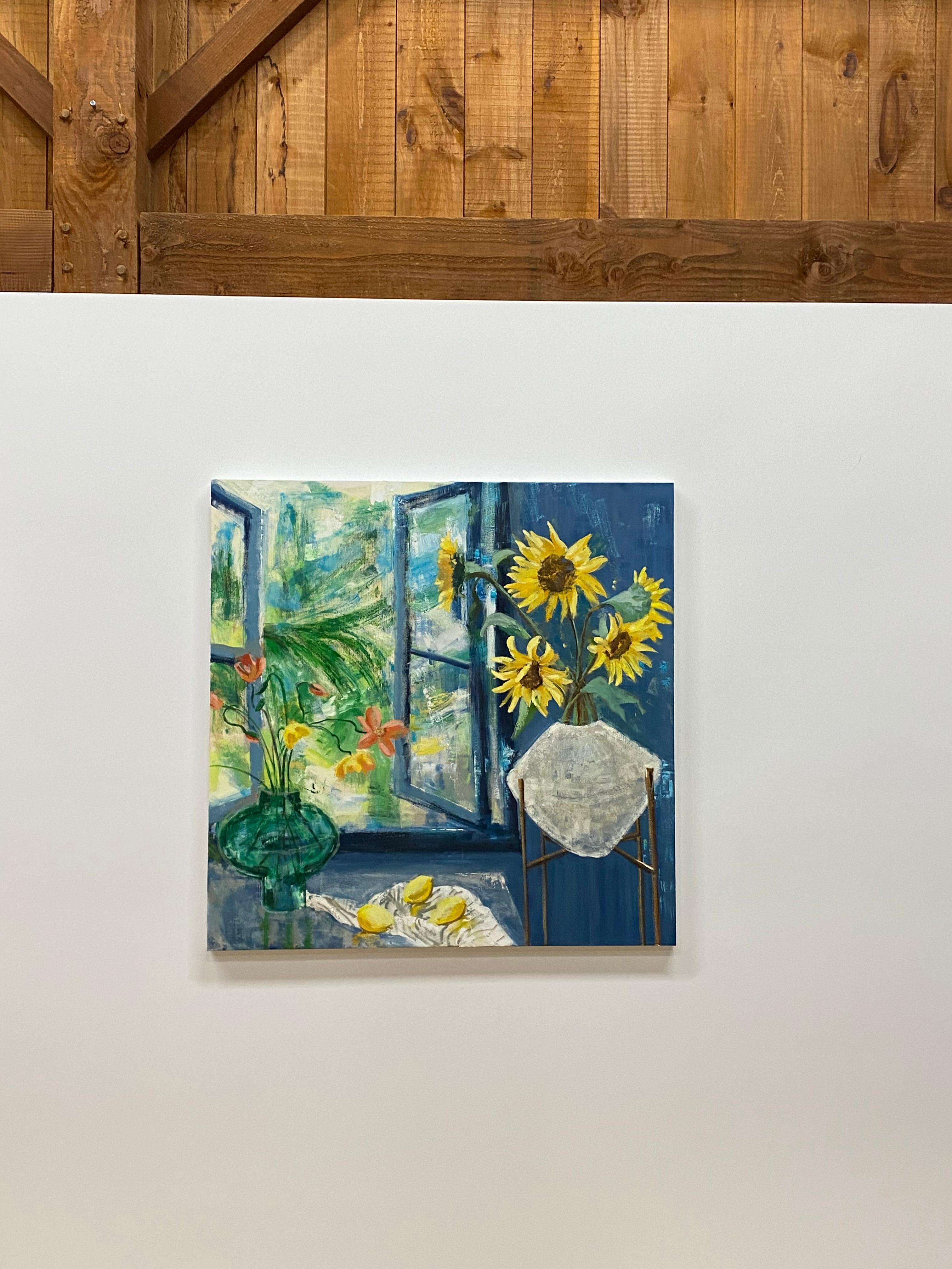 Arezzo Matina, peinture d'intérieur, nature morte botanique, bleu, tournesols jaunes - Painting de Melanie Parke