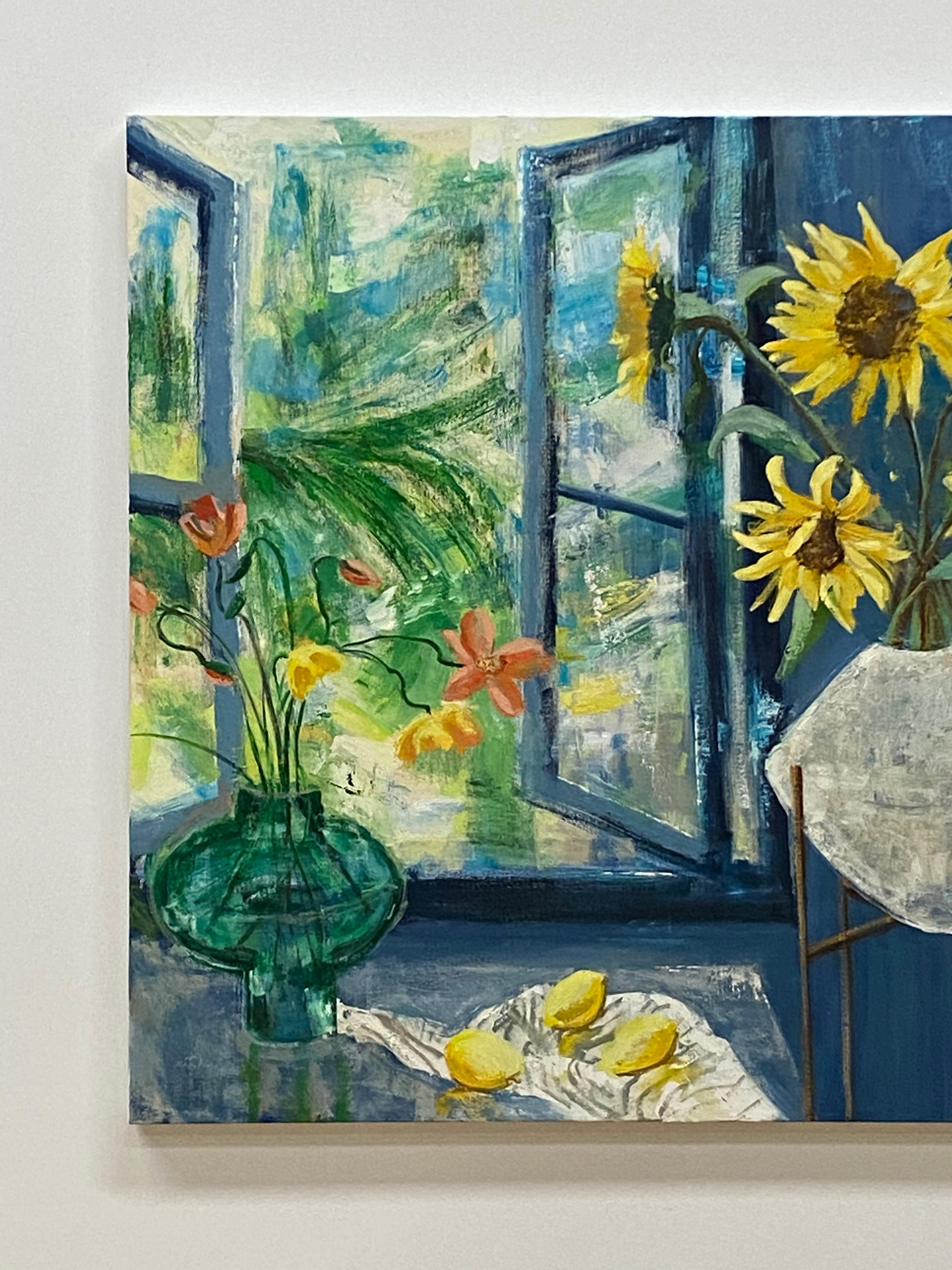 Arezzo Matina, Interior Painting, Botanical Still Life, Blue, Yellow Sunflowers For Sale 3