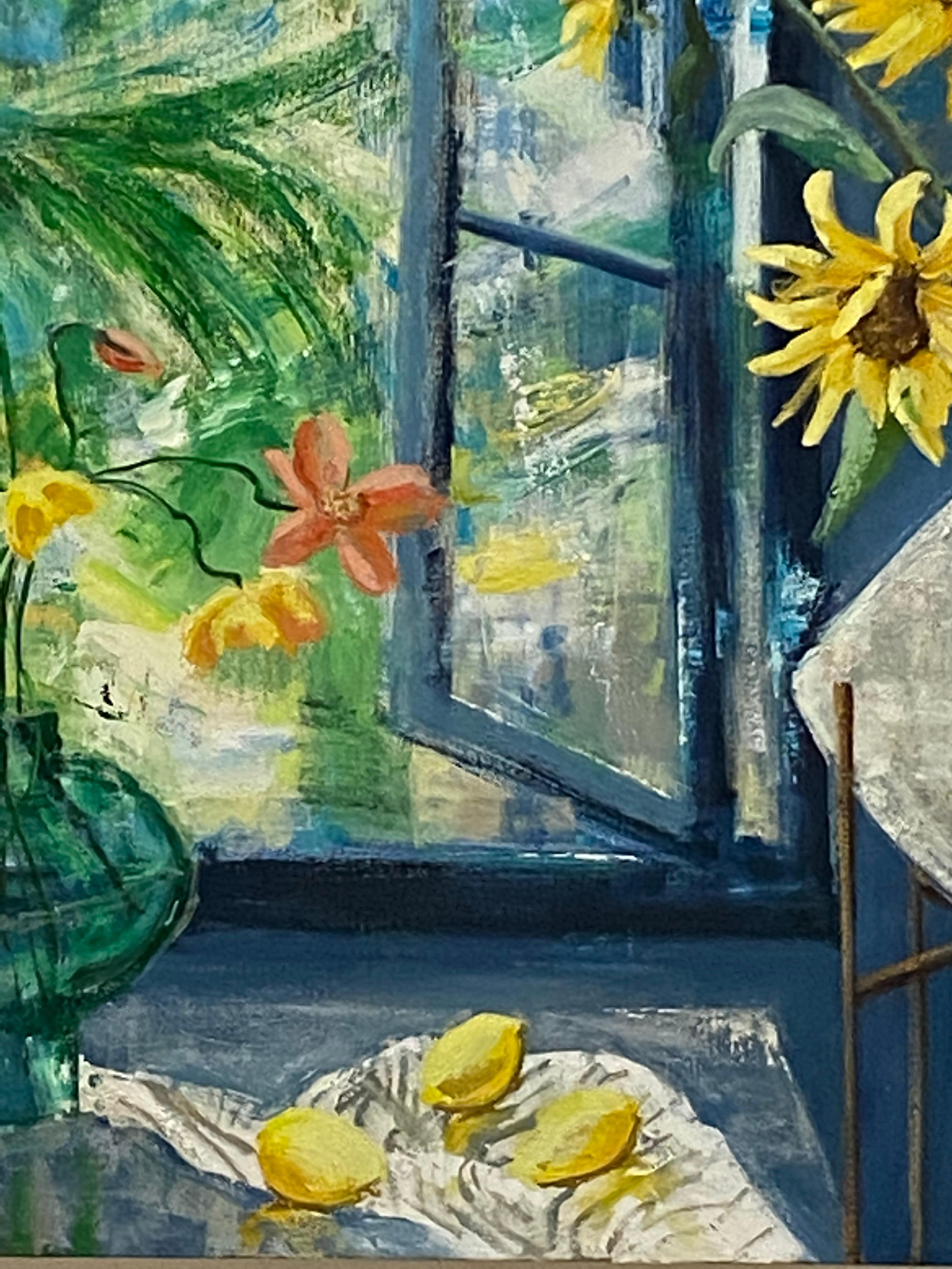 Arezzo Matina, Interior Painting, Botanical Still Life, Blue, Yellow Sunflowers For Sale 4