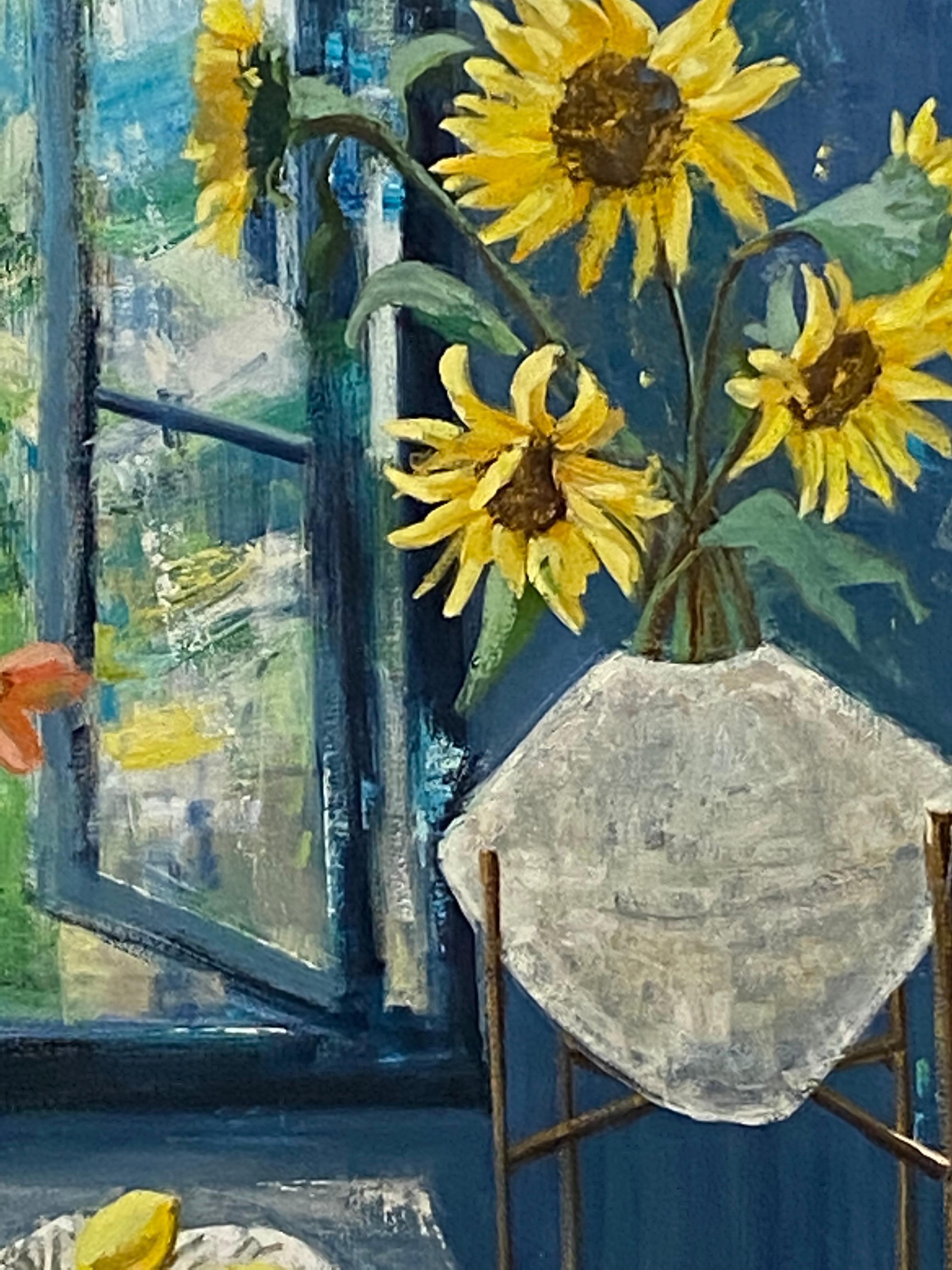 Arezzo Matina, Interior Painting, Botanical Still Life, Blue, Yellow Sunflowers For Sale 5