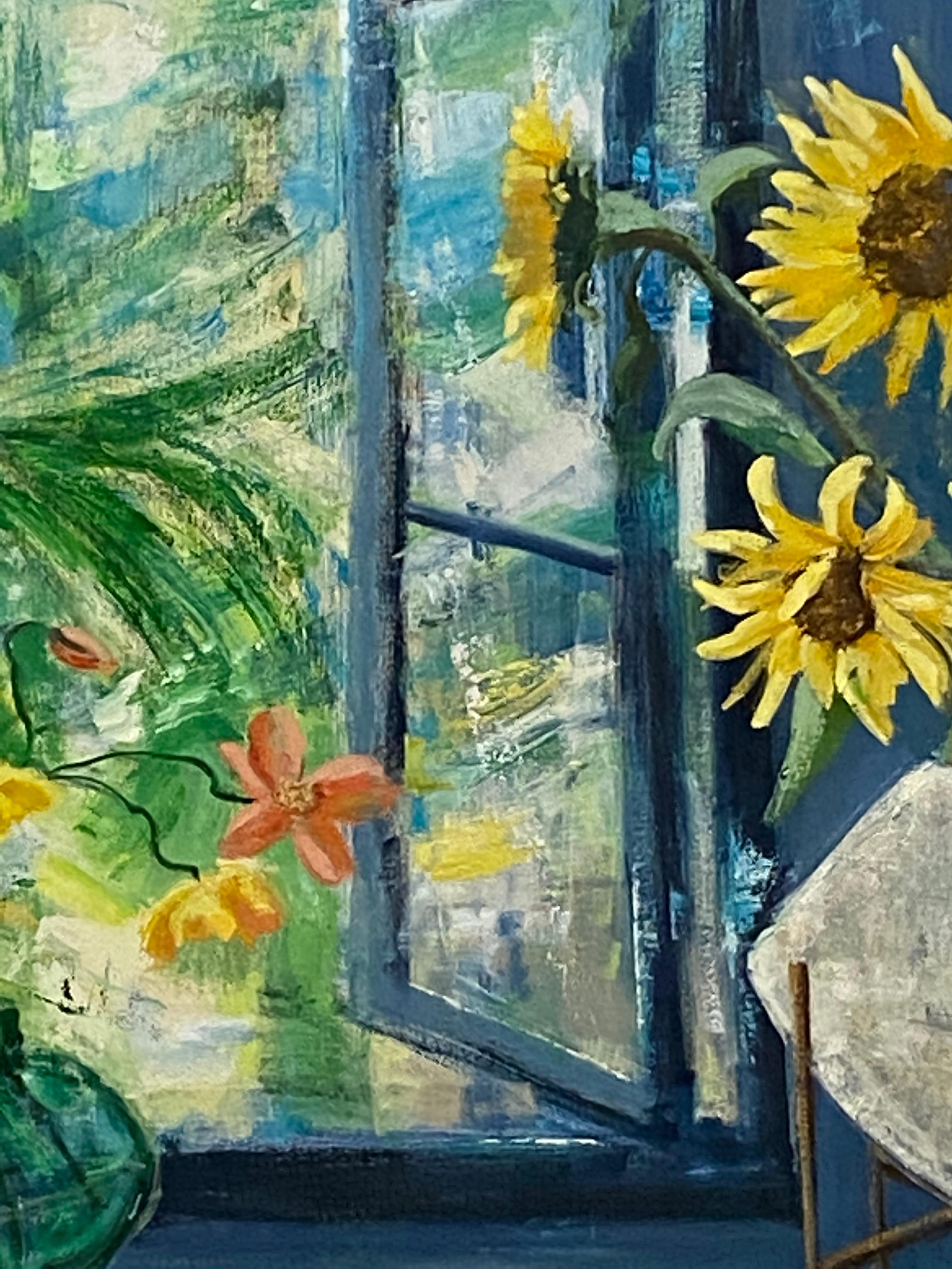 Arezzo Matina, peinture d'intérieur, nature morte botanique, bleu, tournesols jaunes en vente 4