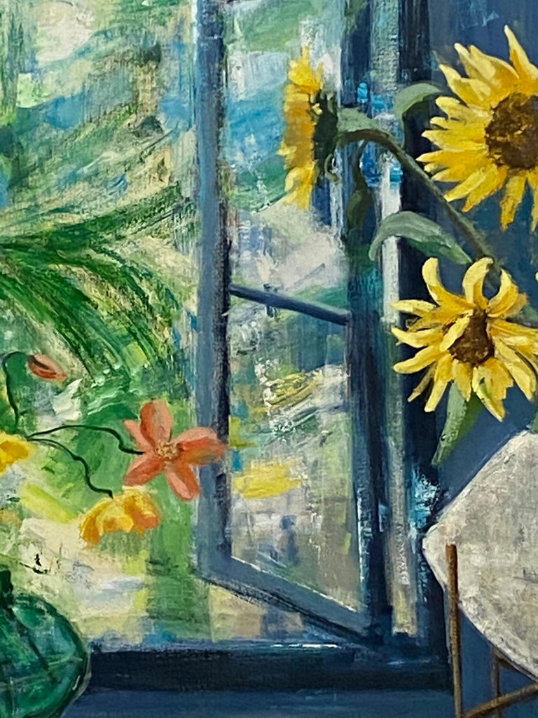 Arezzo Matina, Interior Painting, Botanical Still Life, Blue, Yellow Sunflowers For Sale 7