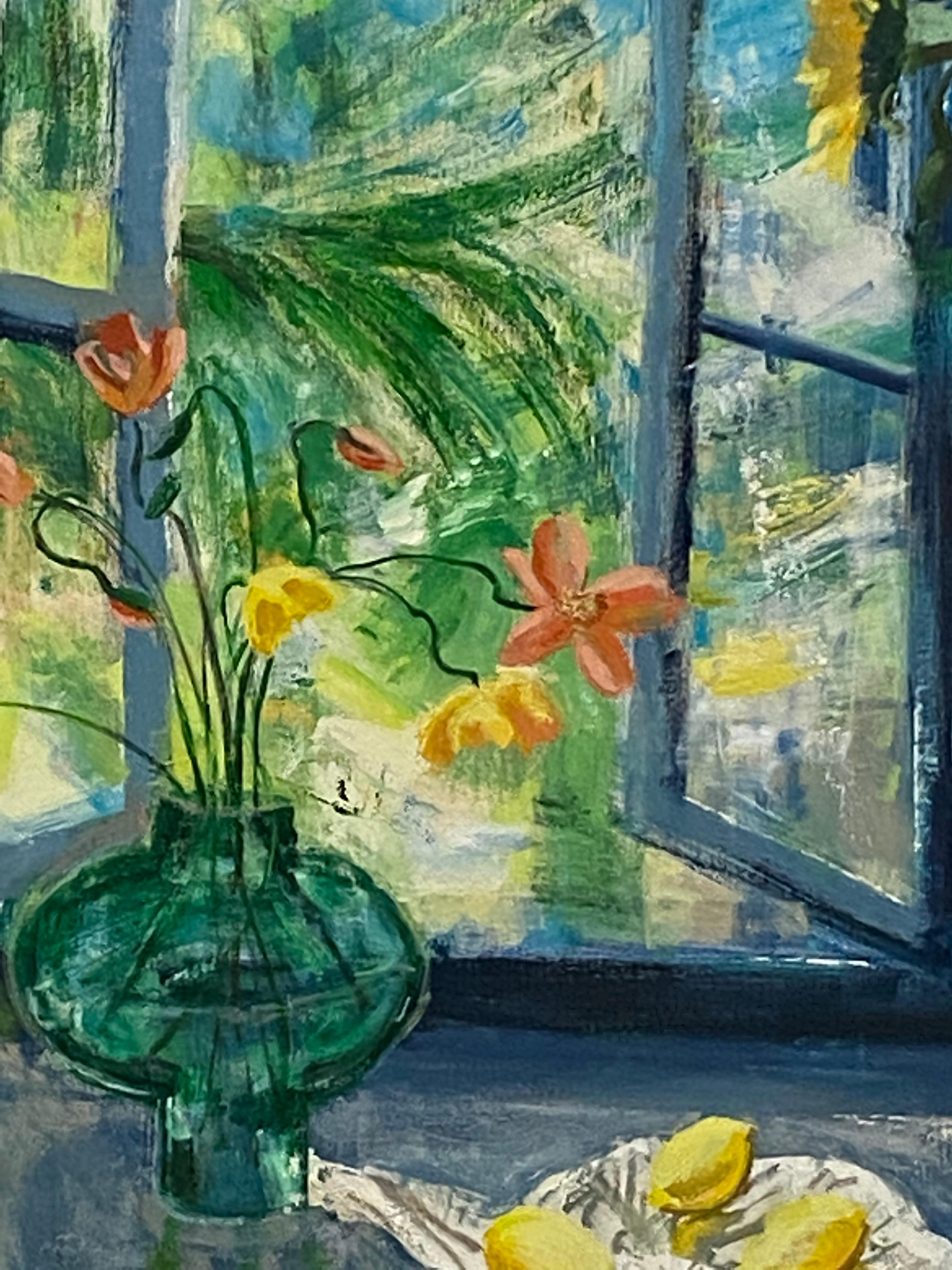Arezzo Matina, Interior Painting, Botanical Still Life, Blue, Yellow Sunflowers For Sale 7