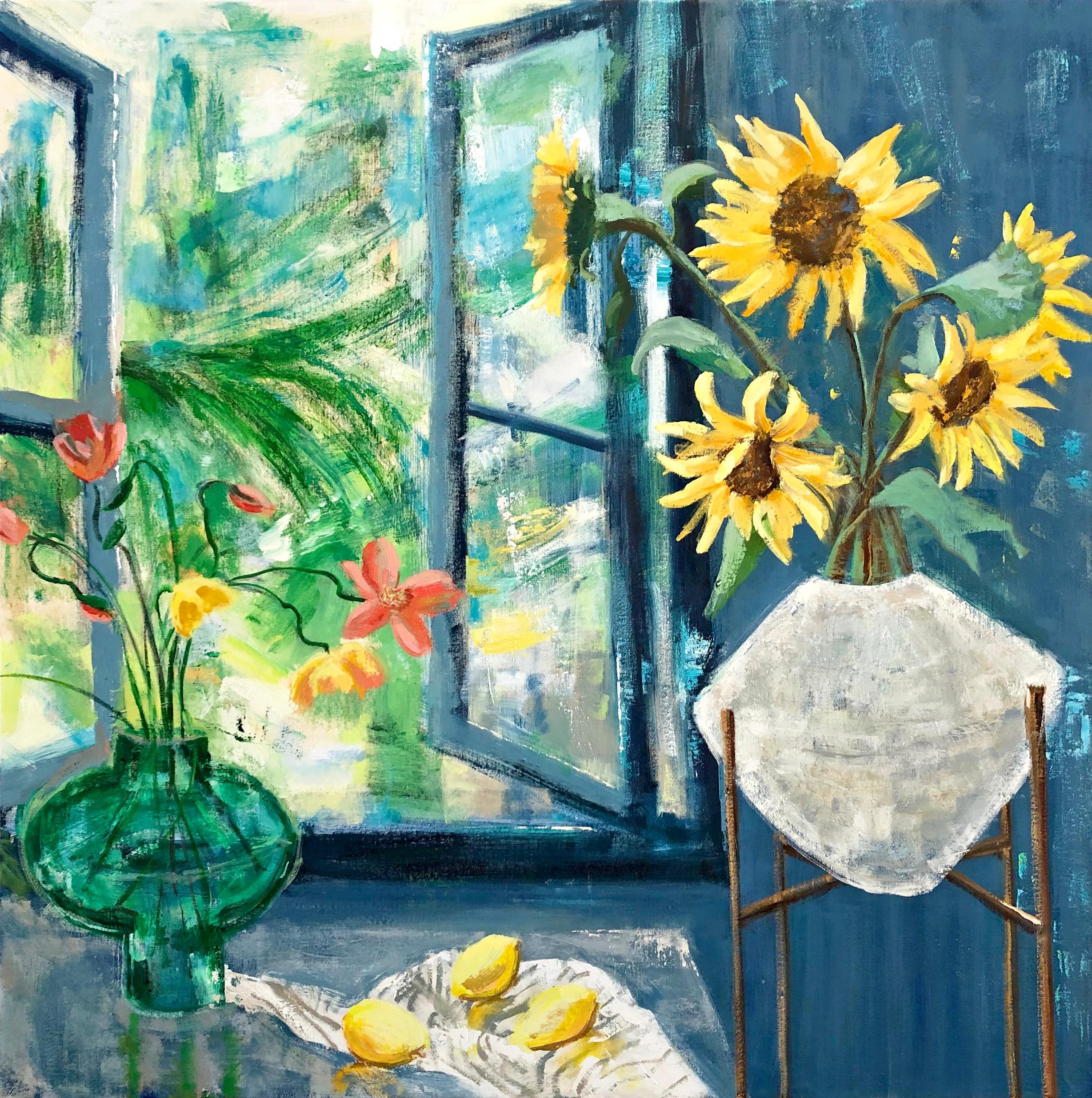 Still-Life Painting Melanie Parke - Arezzo Matina, peinture d'intérieur, nature morte botanique, bleu, tournesols jaunes