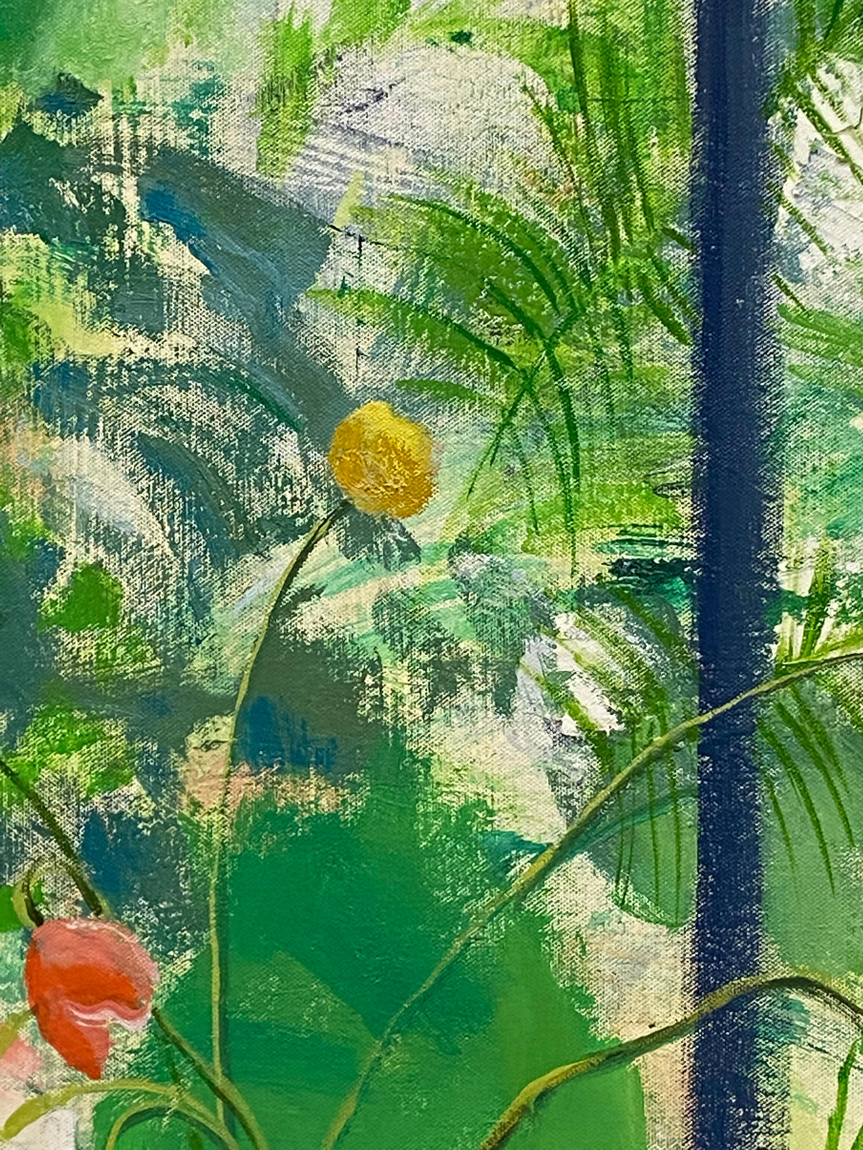 Arezzo-Sonnen, gelbe Sonnenblumen, Fenster, blaues botanisches Stillleben im Innenraum im Angebot 10