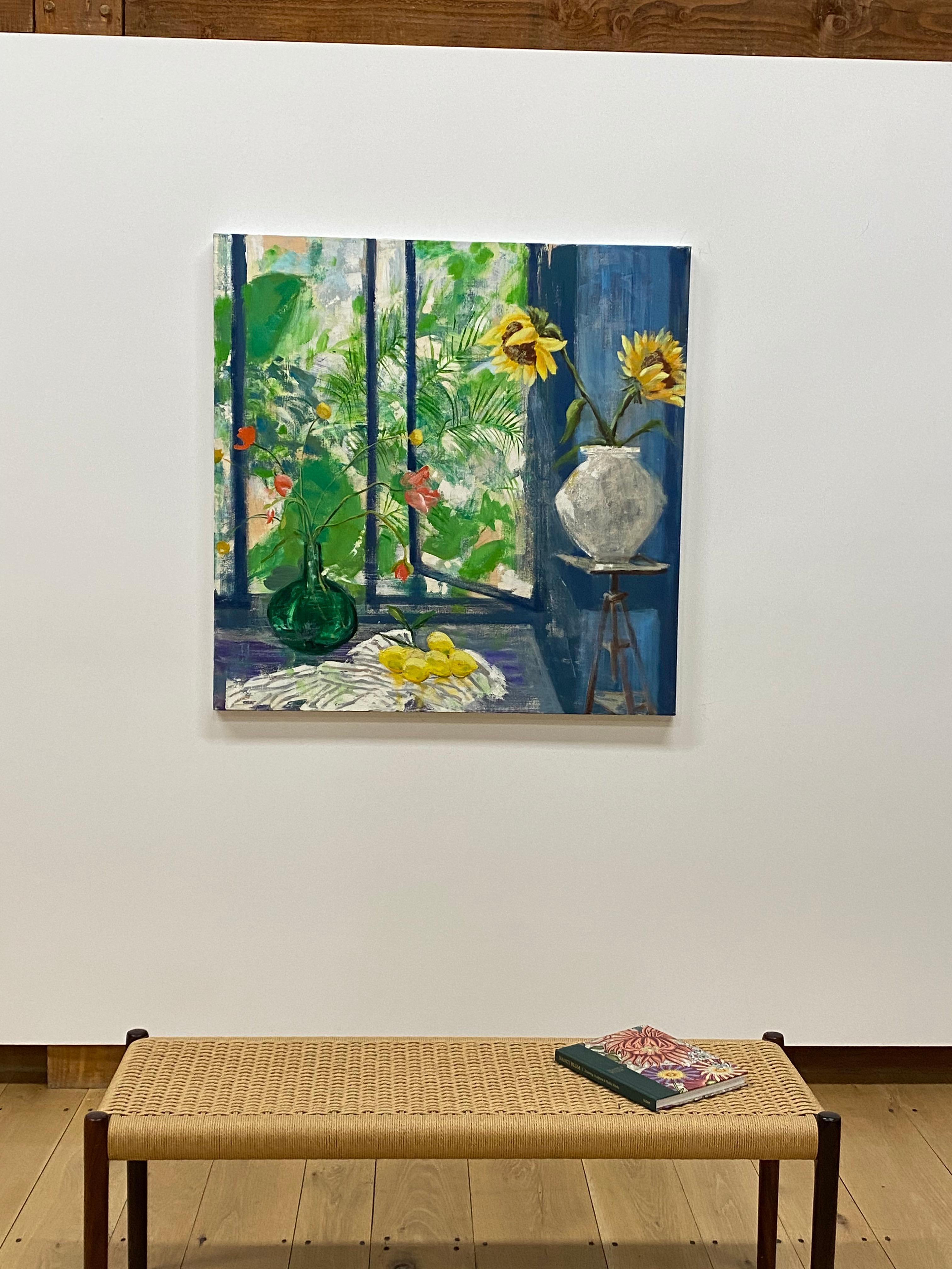 Arezzo Sun, Yellow Sunflowers, Window, Blue Interior Botanical Still Life For Sale 16