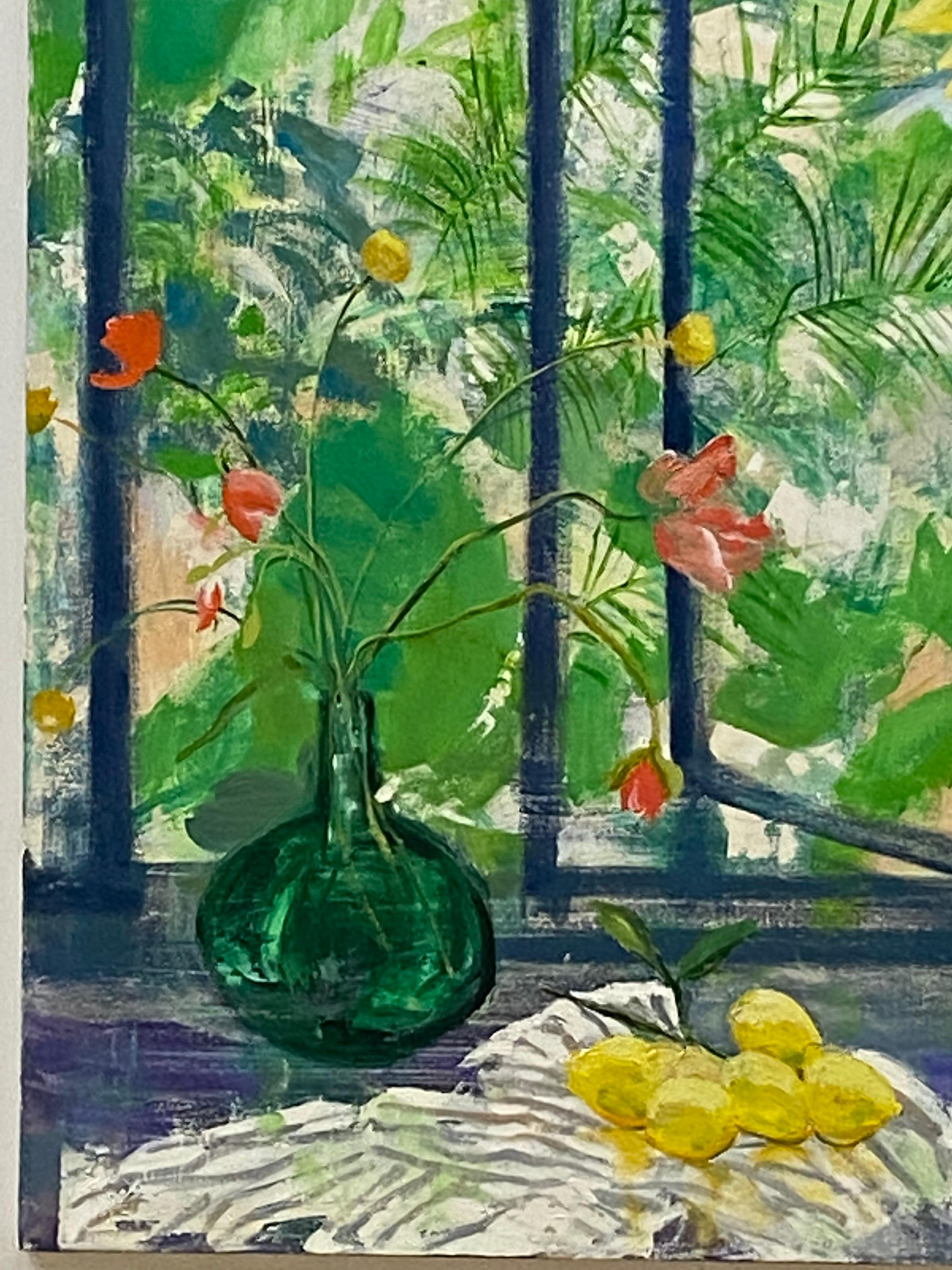Arezzo Sun, Yellow Sunflowers, Window, Blue Interior Botanical Still Life For Sale 2