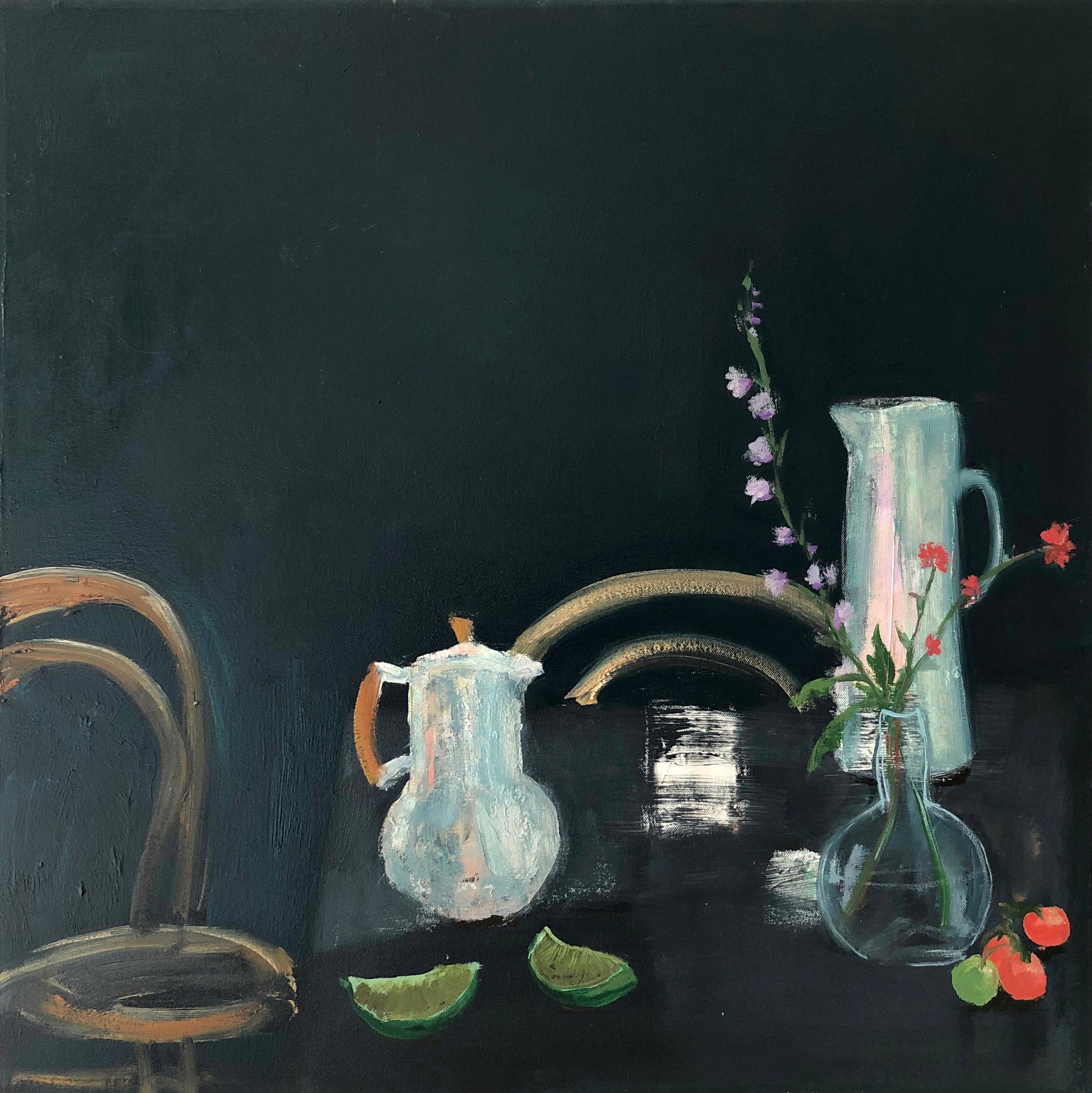 Still-Life Painting di Melanie Parke - Assam - Pittura a olio contemporanea Sala da pranzo Frutta Fiori Natura morta, 2021