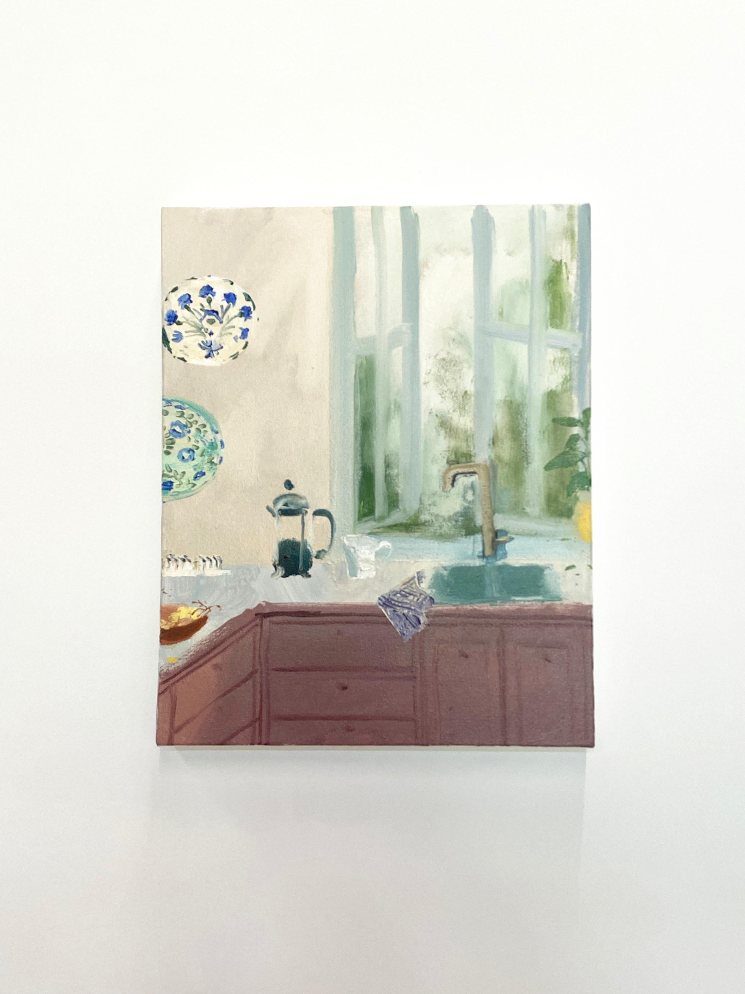 Aztec Mocha, Kitchen, Blue China Plates, Plants, Open Window Interior Still Life - Painting by Melanie Parke